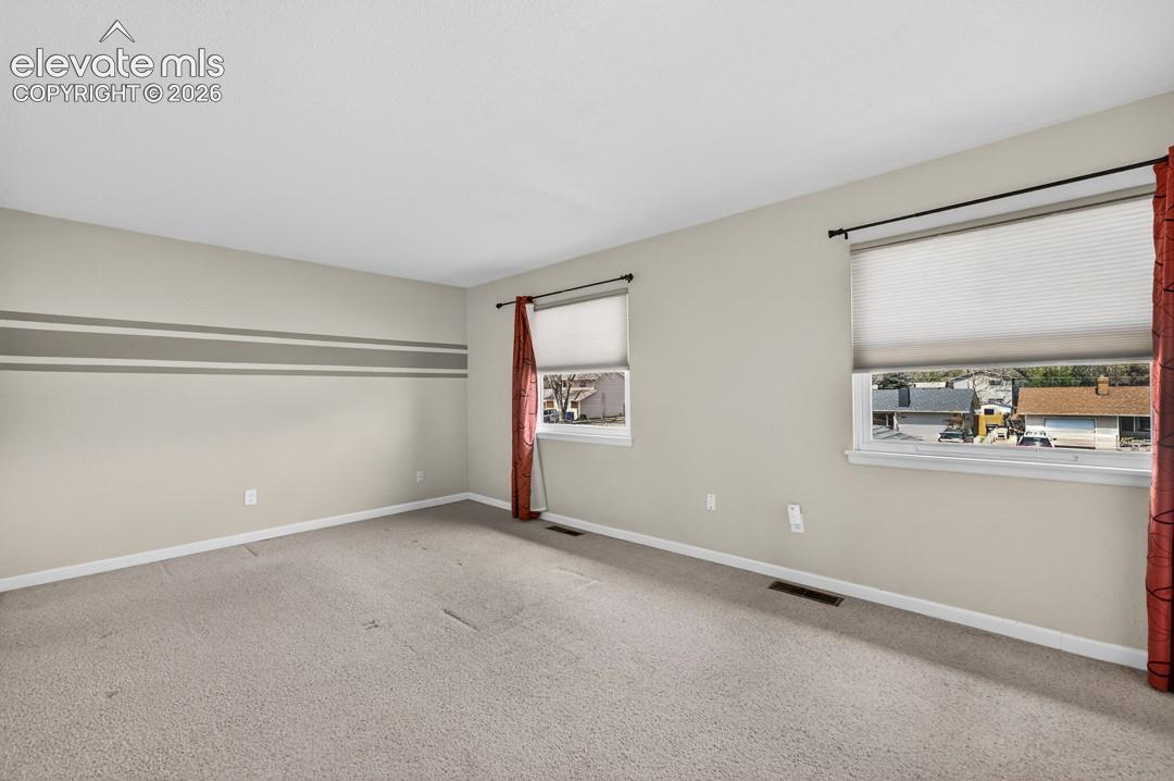 Carpeted room featuring multiple windows with blinds, light-toned walls, and a decorative striped wall accent