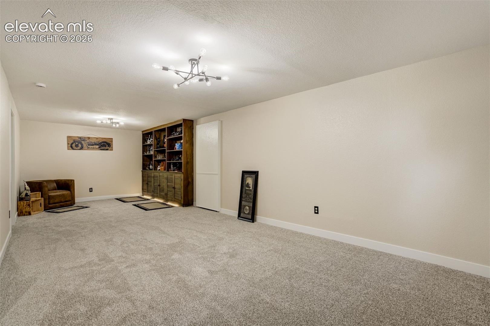 Basement family room with built-ins and closet