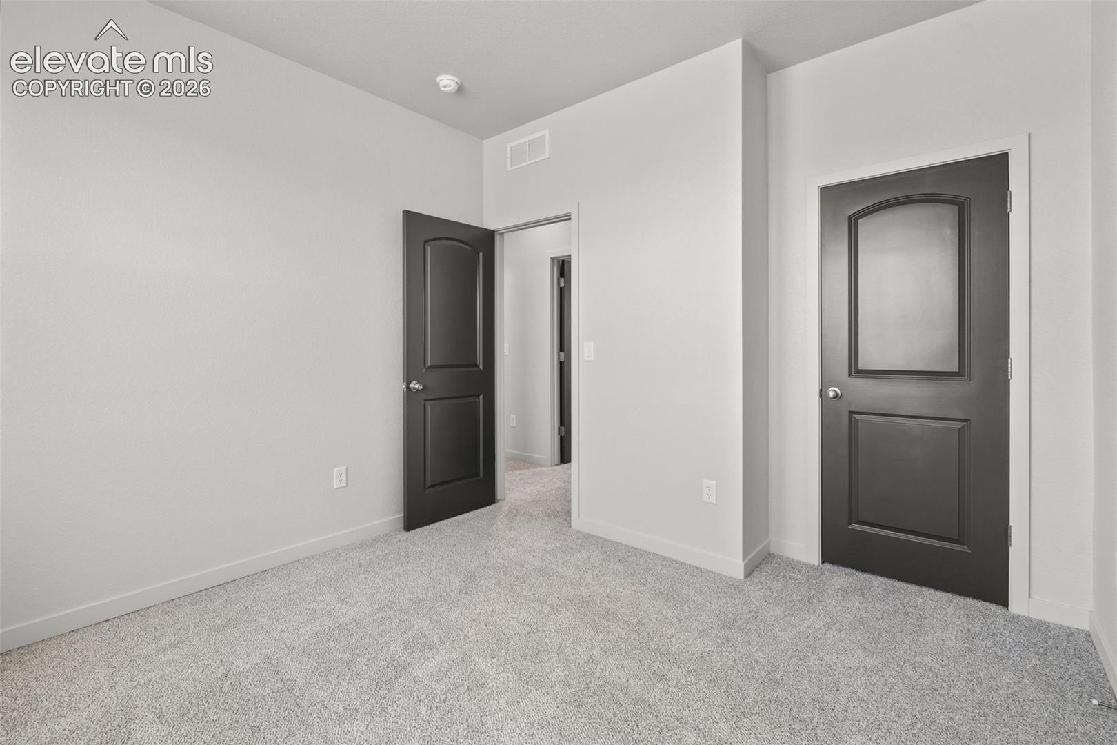 Plush carpeting, light gray wall finishes, and dark paneled doors