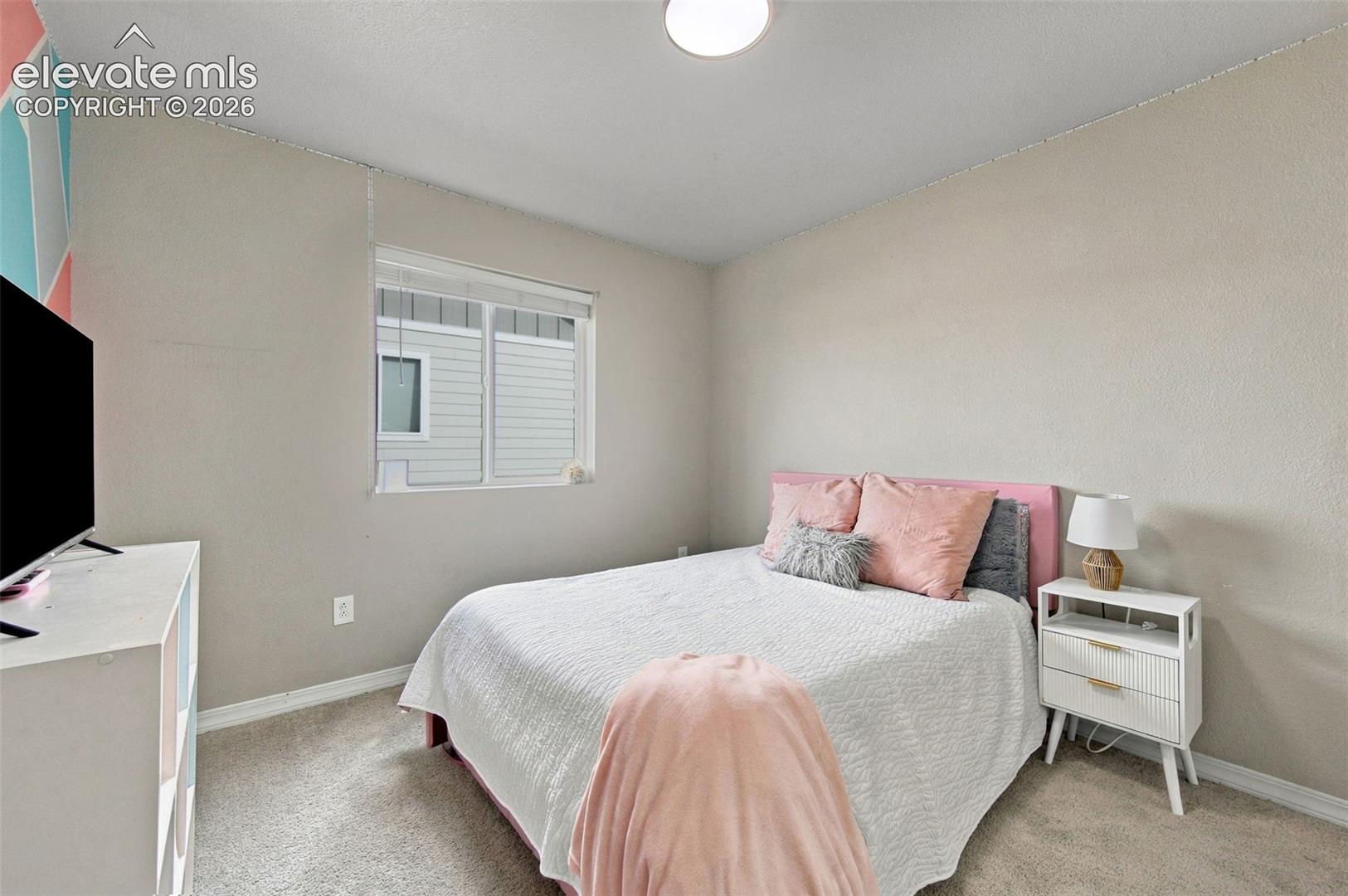 Neutral-toned room featuring neutral wall-to-wall carpeting, an exterior-facing window with blinds, and a flush-mount ceiling light fixture