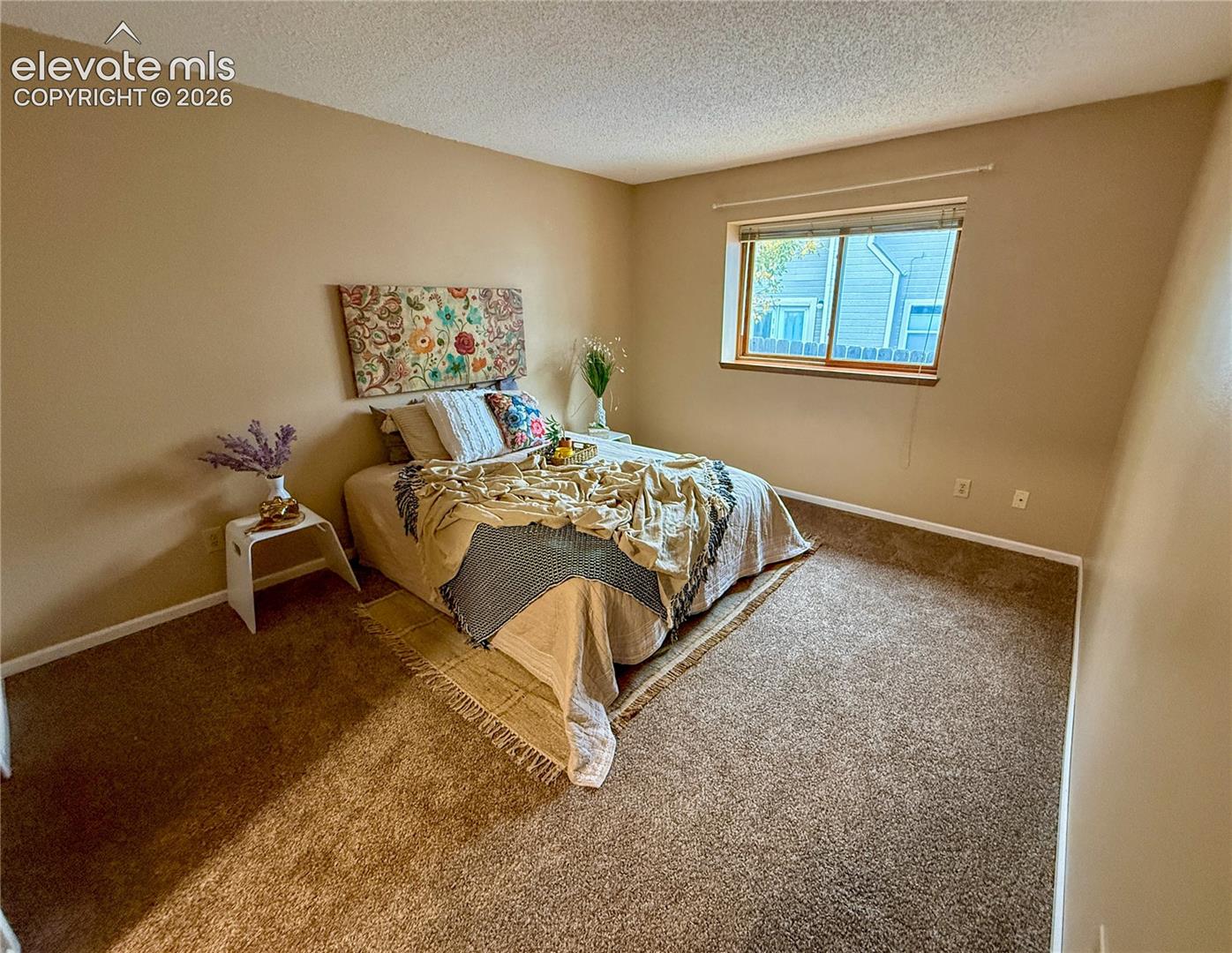 Neutral-toned room featuring wall-to-wall carpeting and a single-pane sliding window with wood trim