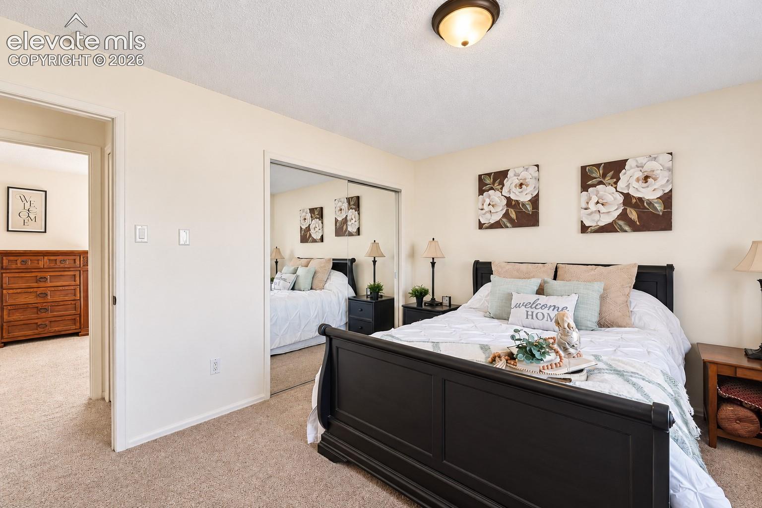 Neutral-toned wall finish, beige carpeting, and mirrored sliding closet doors