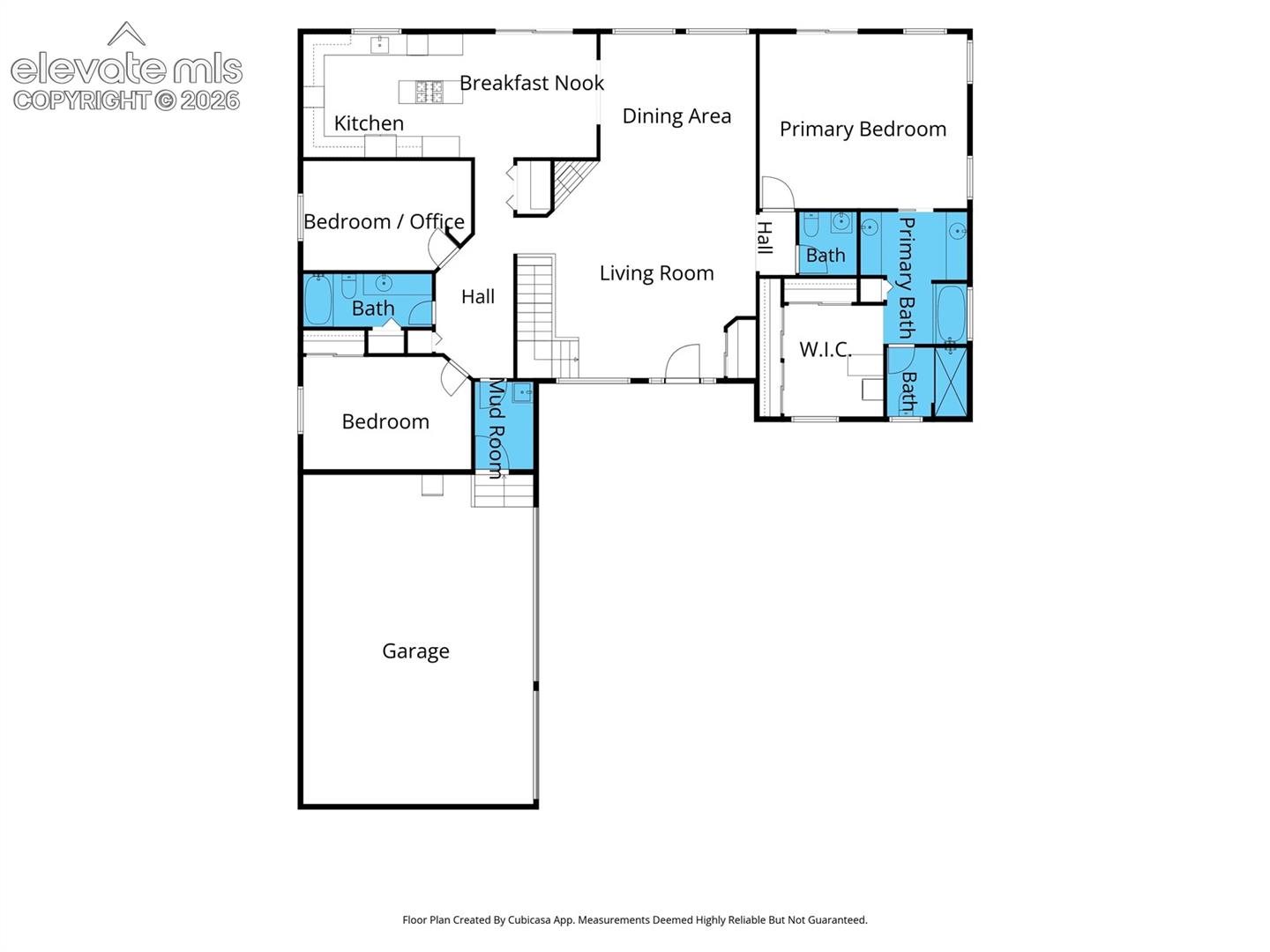 Main-level floor plan highlighting the spacious living and dining areas, kitchen with breakfast nook, private primary suite with walk-in closet and bath, two additional bedrooms, full guest bathroom, powder room, mudroom, and attached three-car heated garage.
