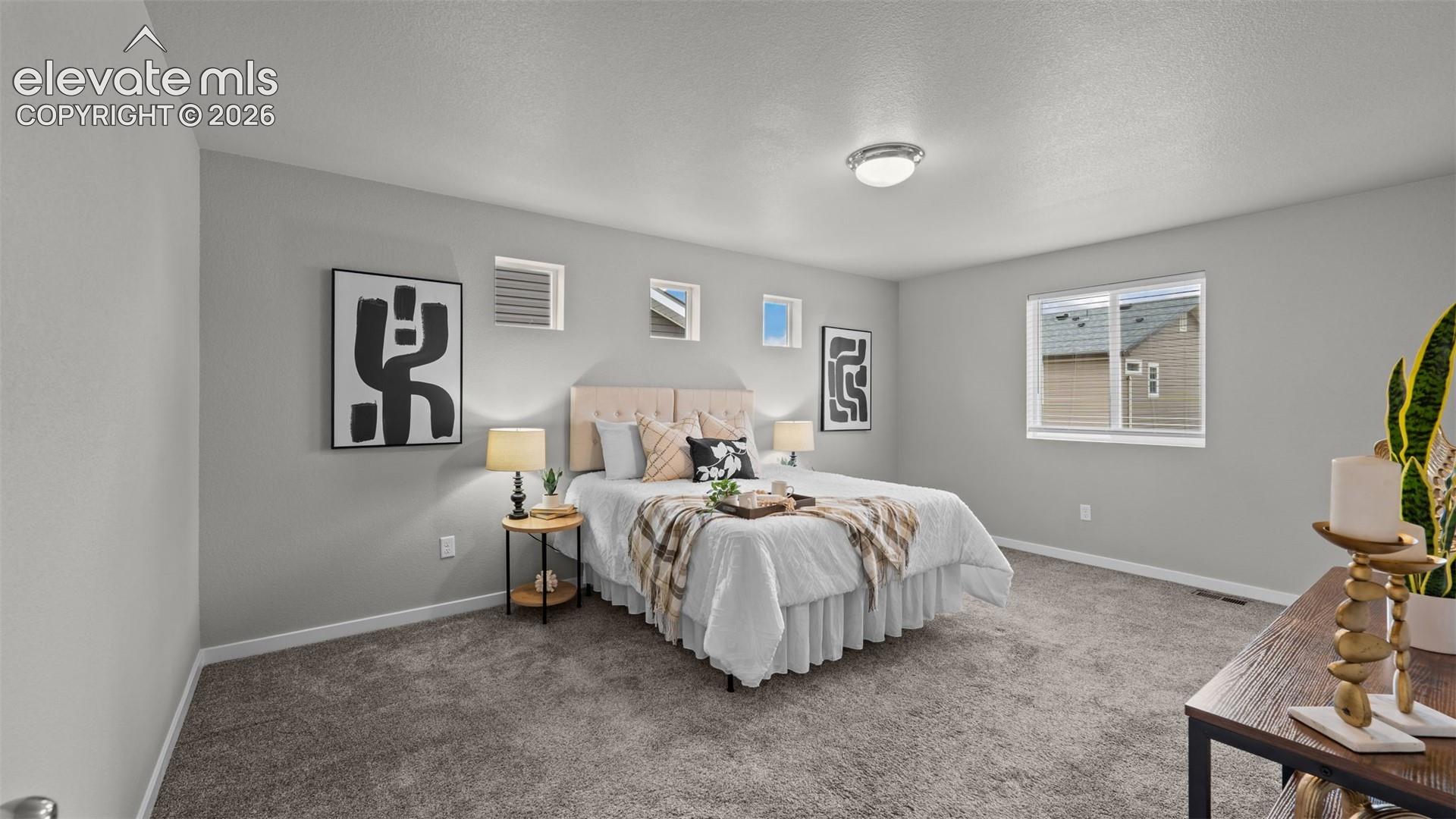 Neutral-toned room featuring plush wall-to-wall carpeting, a horizontal sliding window, and three square accent windows