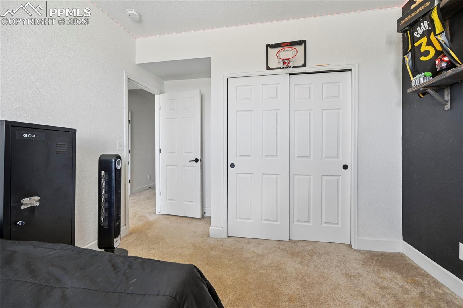 Carpeted room featuring white walls, a two-panel closet with matte black hardware, and baseboards