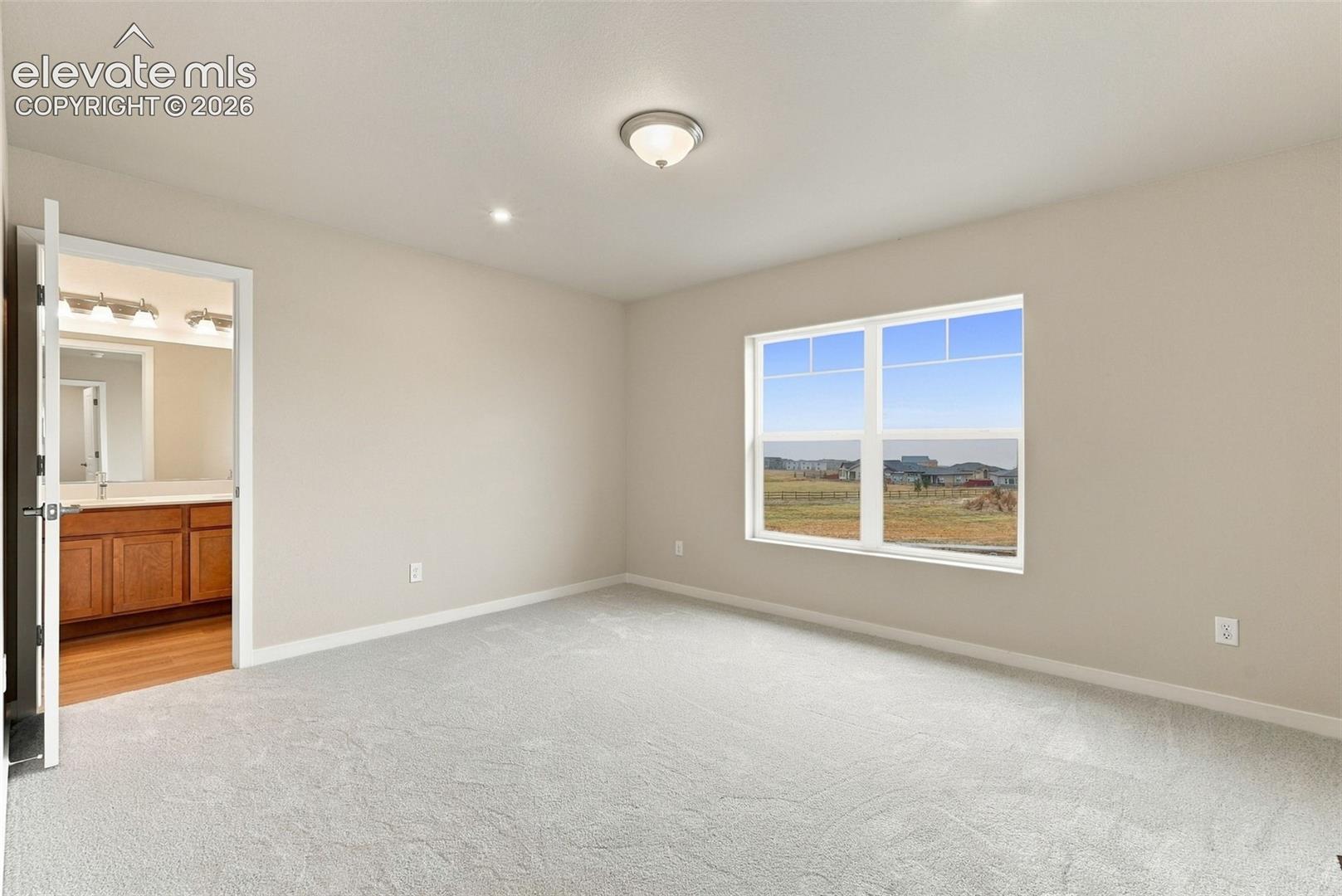 Neutral-toned interior featuring wall-to-wall carpeting, a multi-pane window, and a ceiling-mounted light fixture, with a glimpse of a vanity cabinet and wood-finish flooring