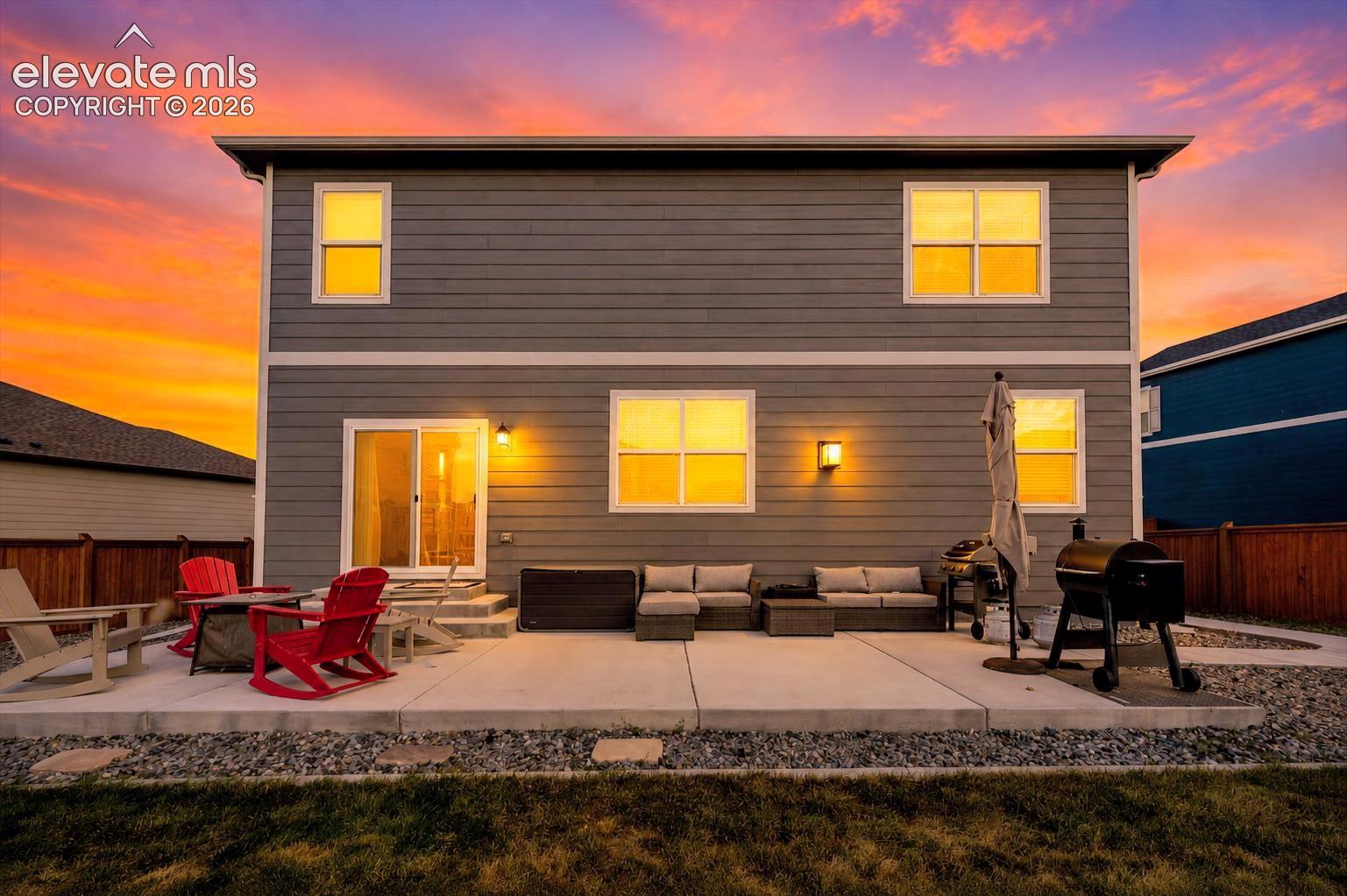 Sunset view of rear patio.