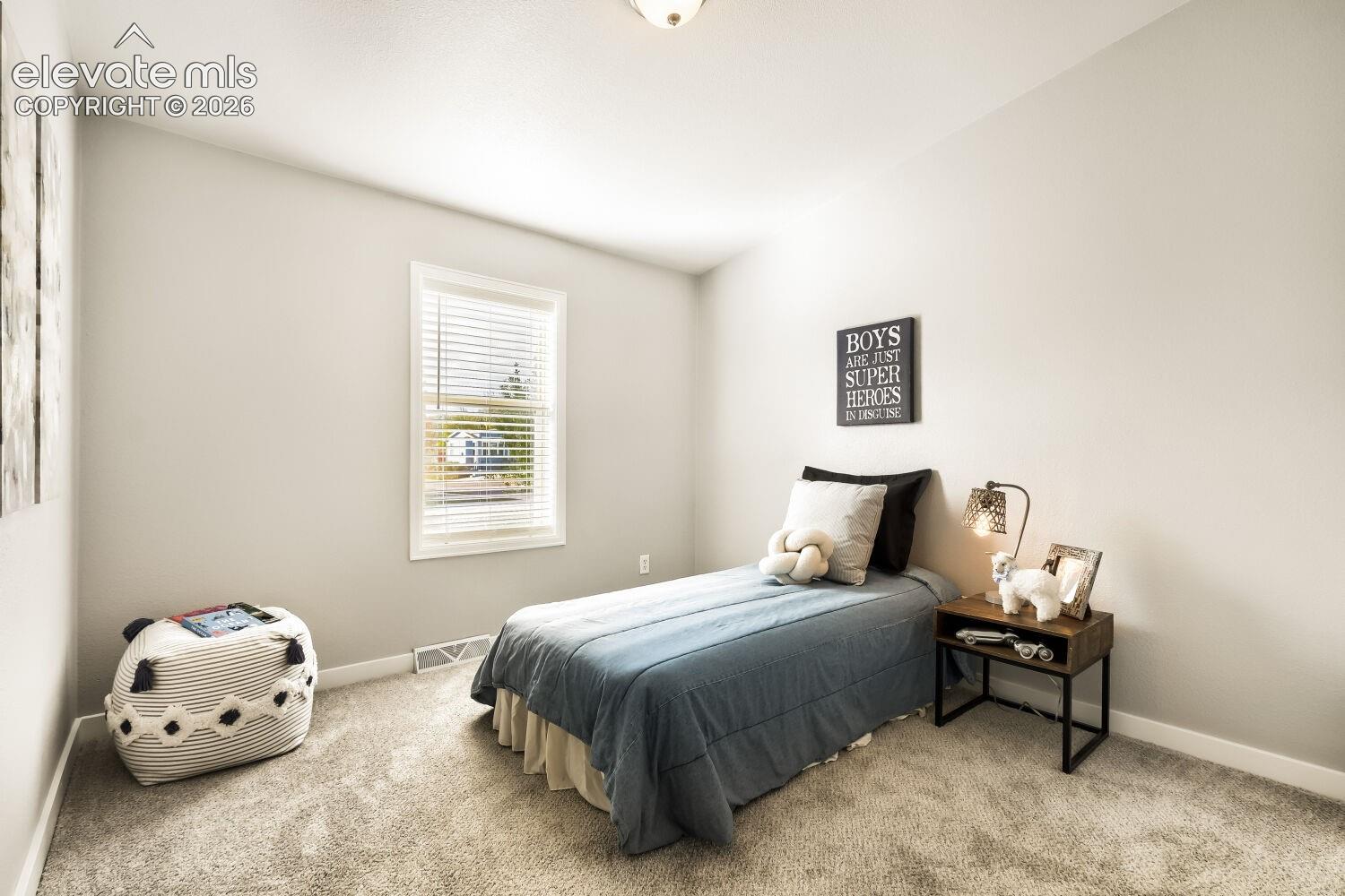 Neutral-toned interior featuring wall-to-wall carpeting, a single window with horizontal blinds, and a central ceiling-mounted light fixture