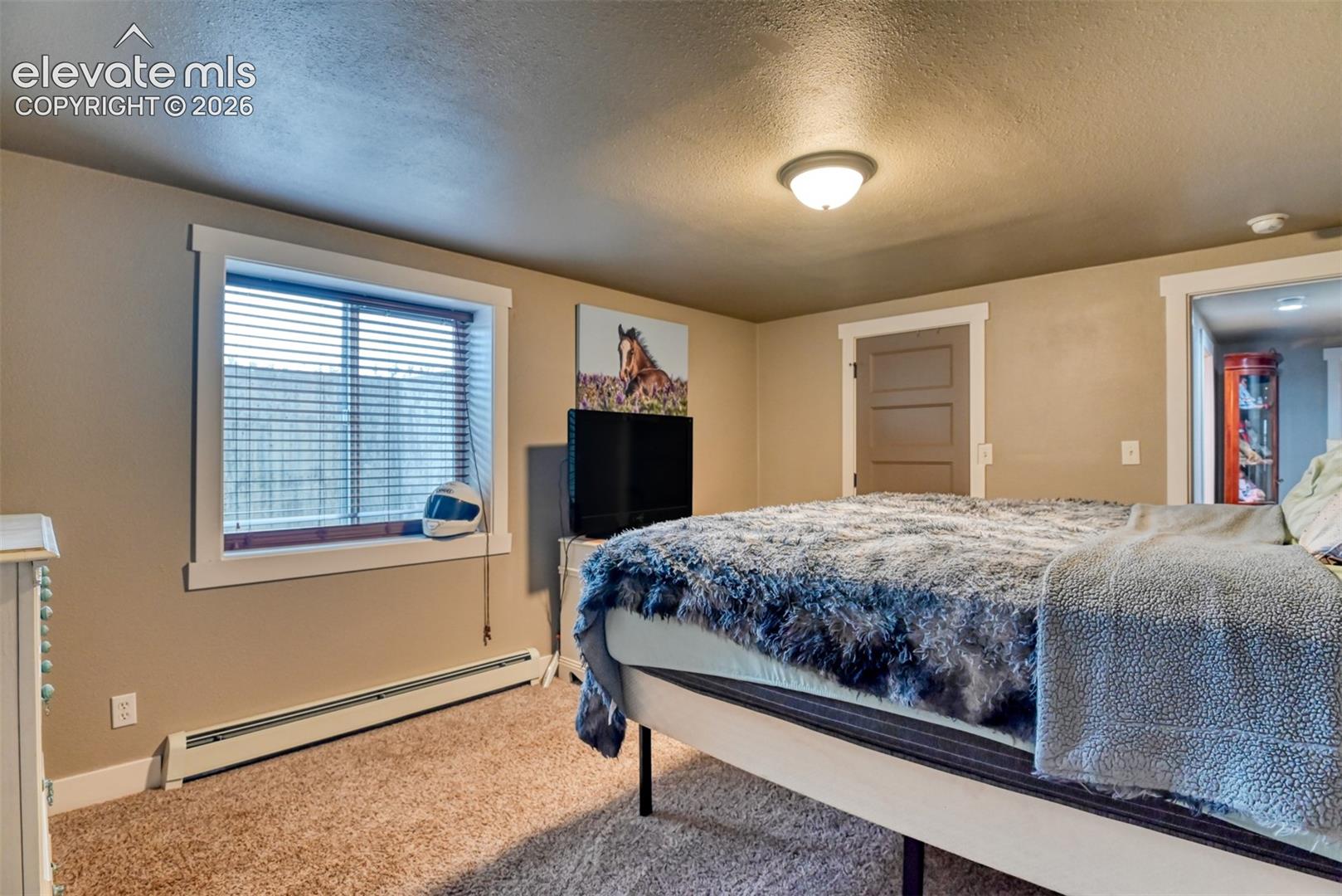 Carpeted bedroom with baseboard heating and a textured ceiling