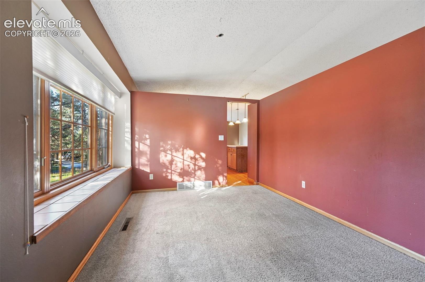 Expansive window with wood-frame construction and a tiled sill, complemented by wall-to-wall carpeting