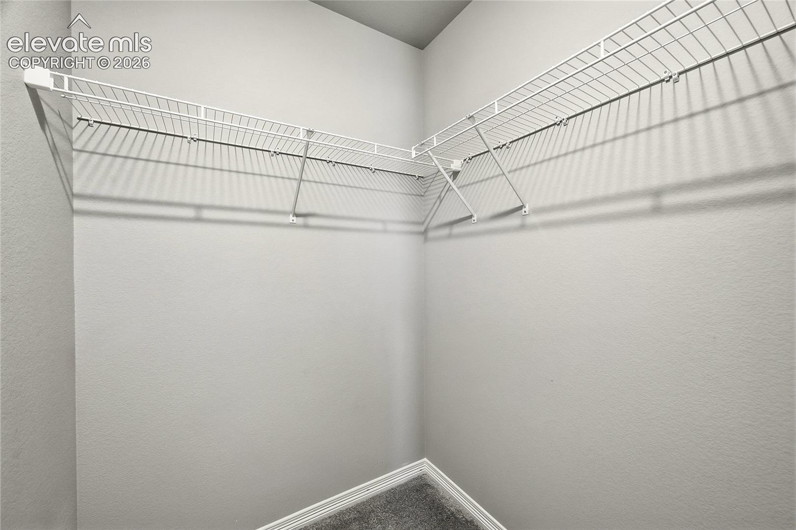 Walk-in closet featuring white wire shelving, white walls, and gray carpeting with white baseboards
