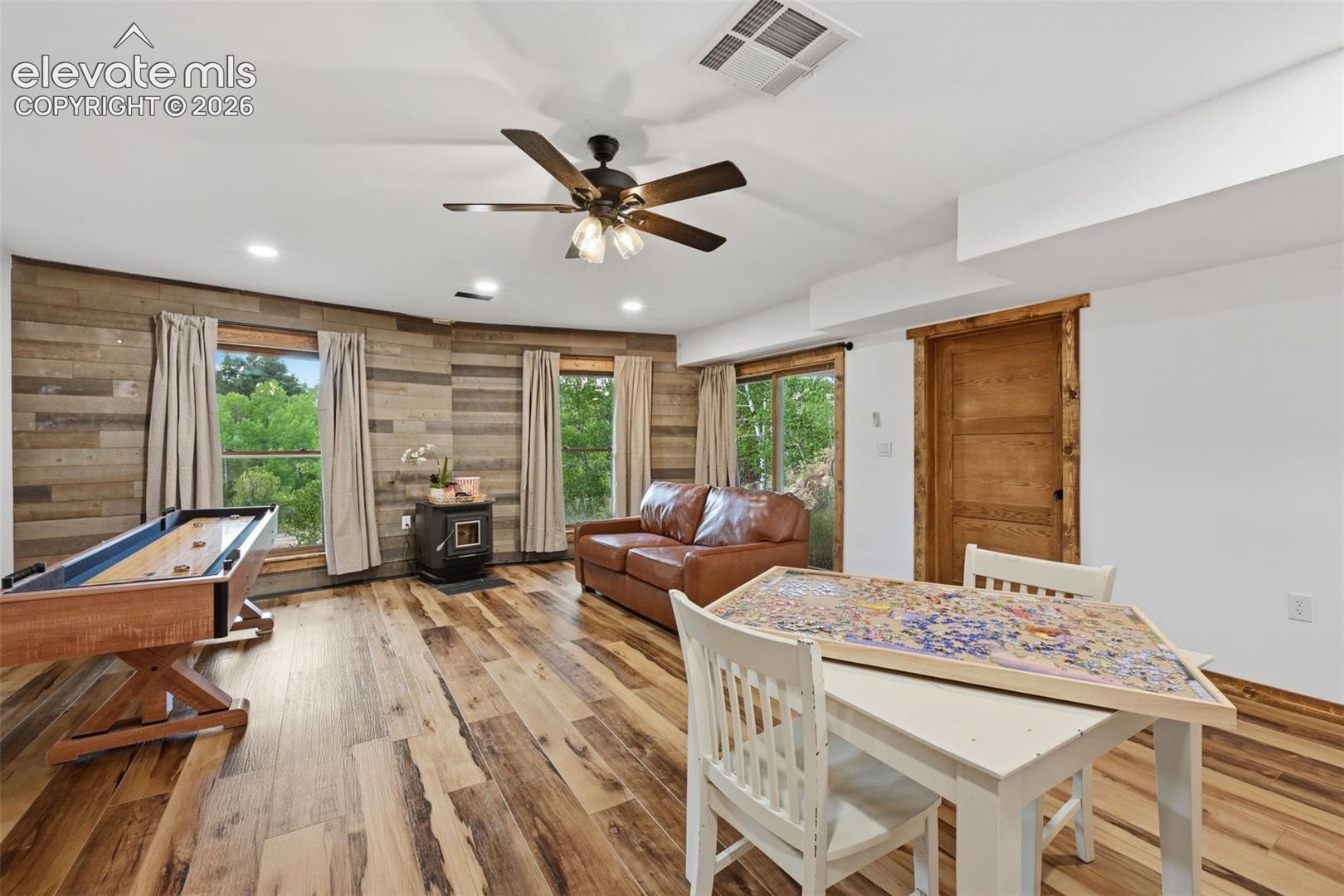 Basement family room with pellet stove