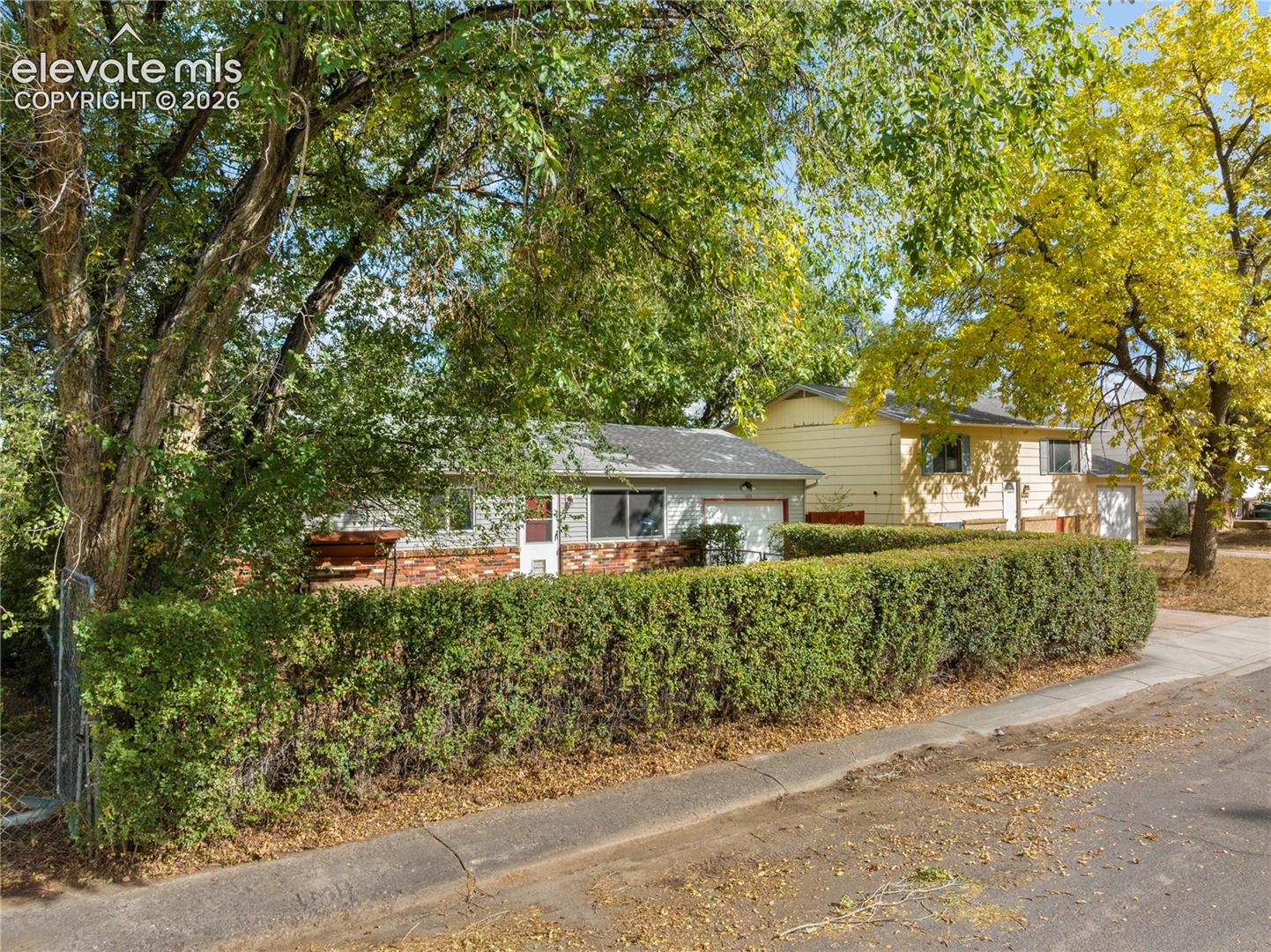 Fully fenced in front yard with hedges for privacy