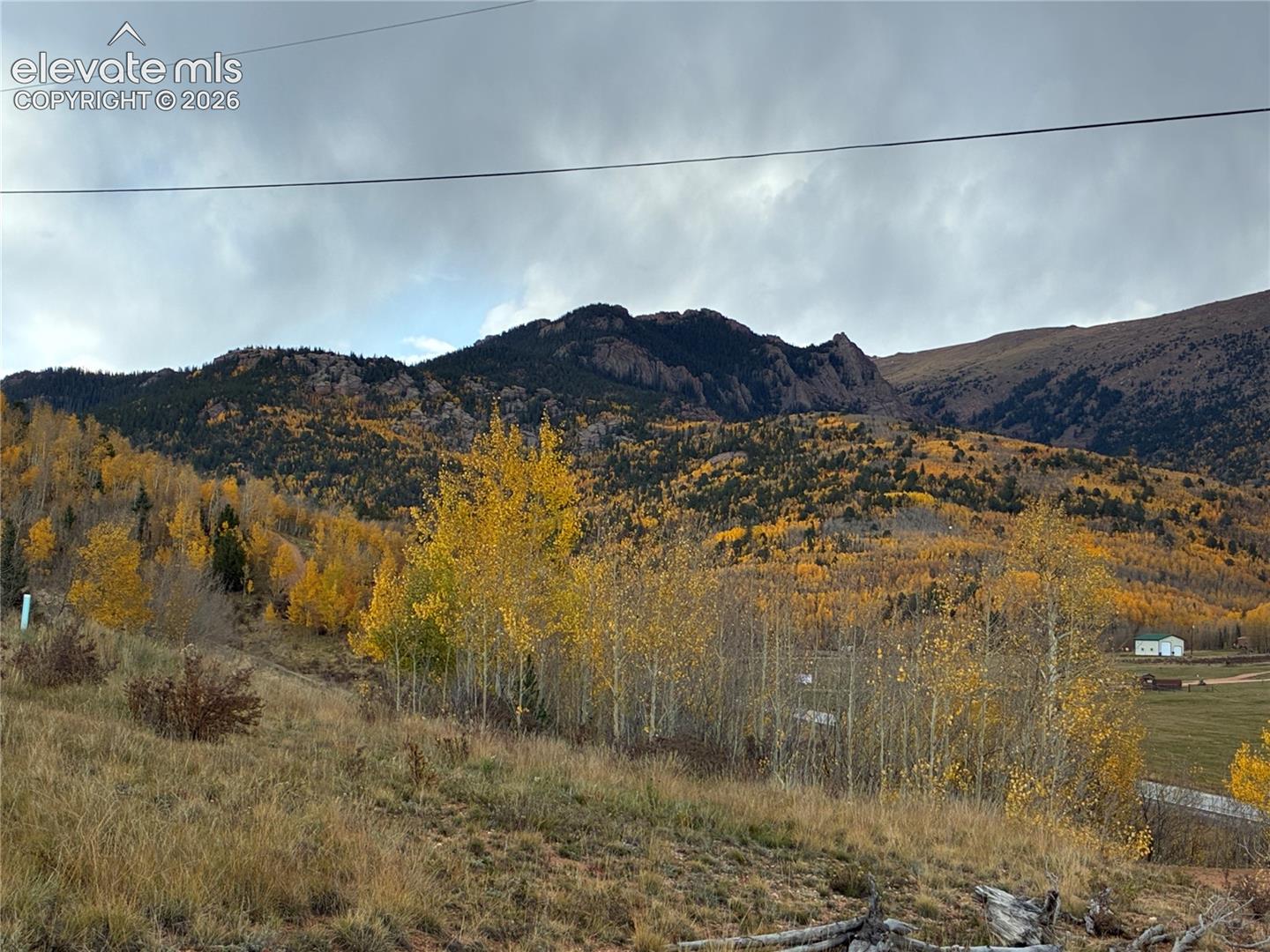 Expansive mountain backdrop featuring rugged rock formations, dense coniferous forest, and native aspen trees