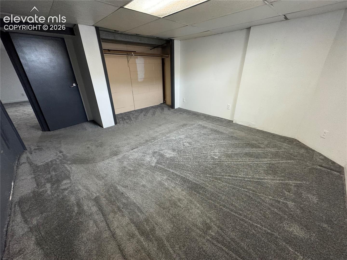 Interior space featuring neutral wall-to-wall carpeting, built-in closet storage with sliding doors, and recessed panel doors