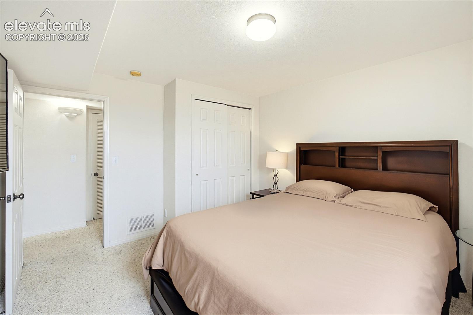 Neutral wall finishes, textured carpeting, and a flush-mount ceiling light