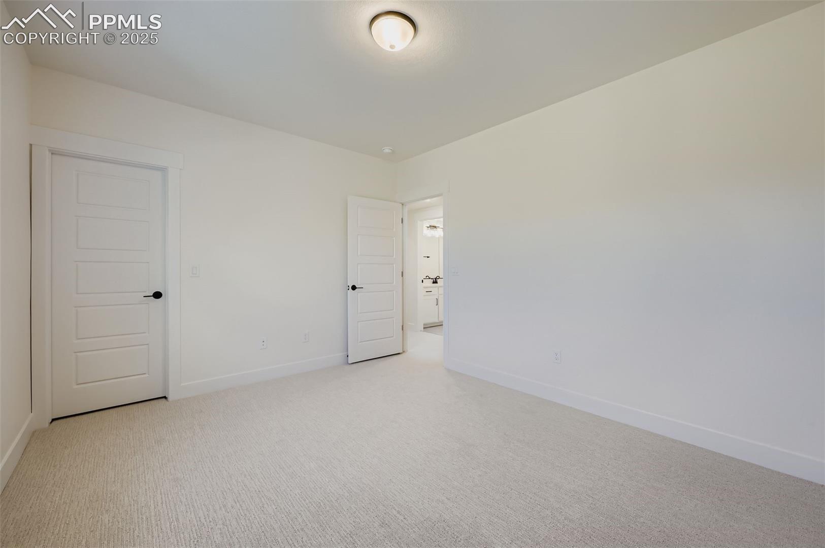 Spare room with light colored carpet and baseboards