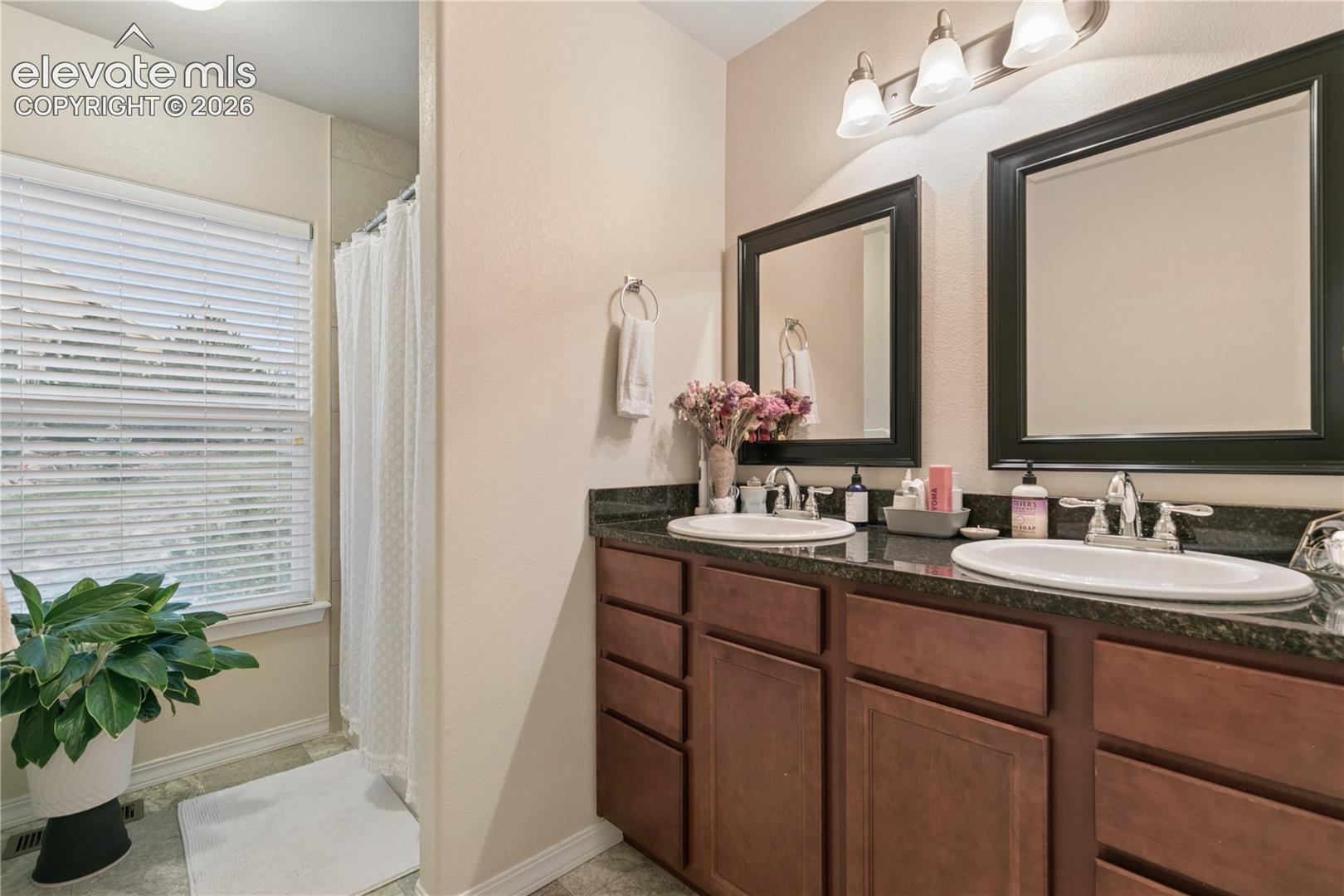 Bathroom featuring a dual vanity with a dark countertop, undermount sinks, and dark wood-finish cabinetry