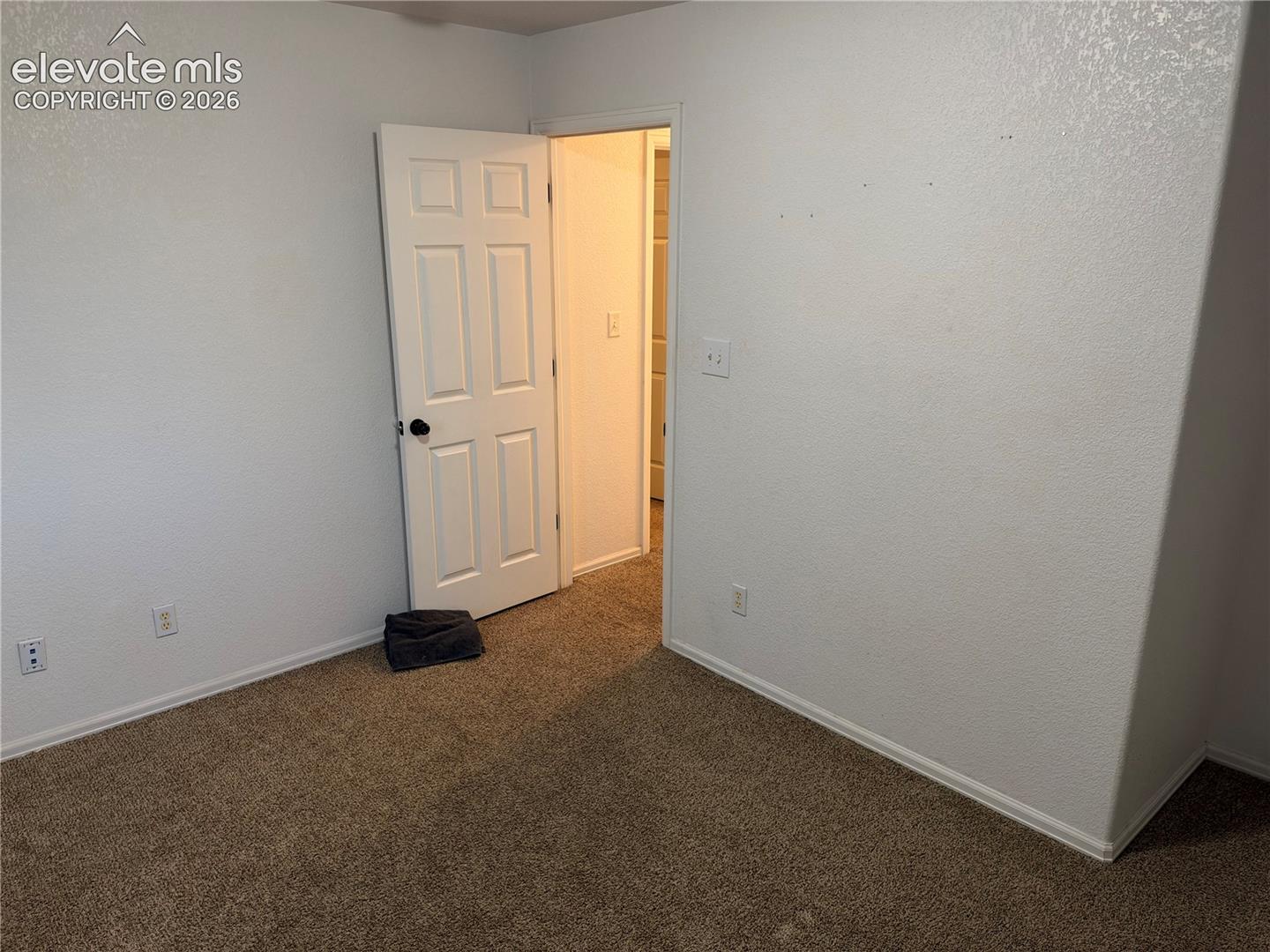 Neutral-toned interior space featuring textured wall finishes, neutral carpeting, and a six-panel interior door with a matte black lever handle