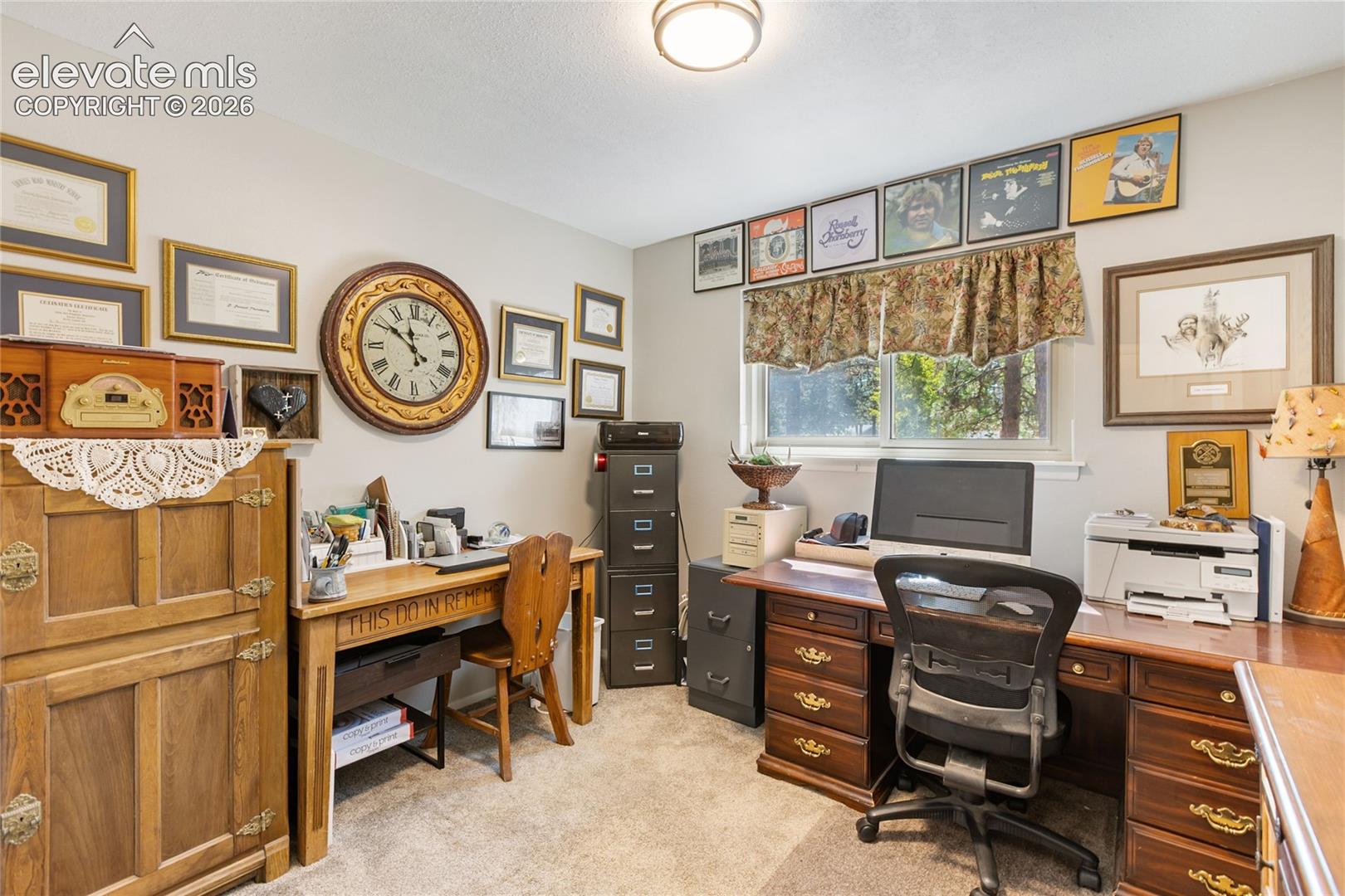 Carpeted flooring with a flush-mount ceiling light fixture, multiple windows, and light-toned wall paint