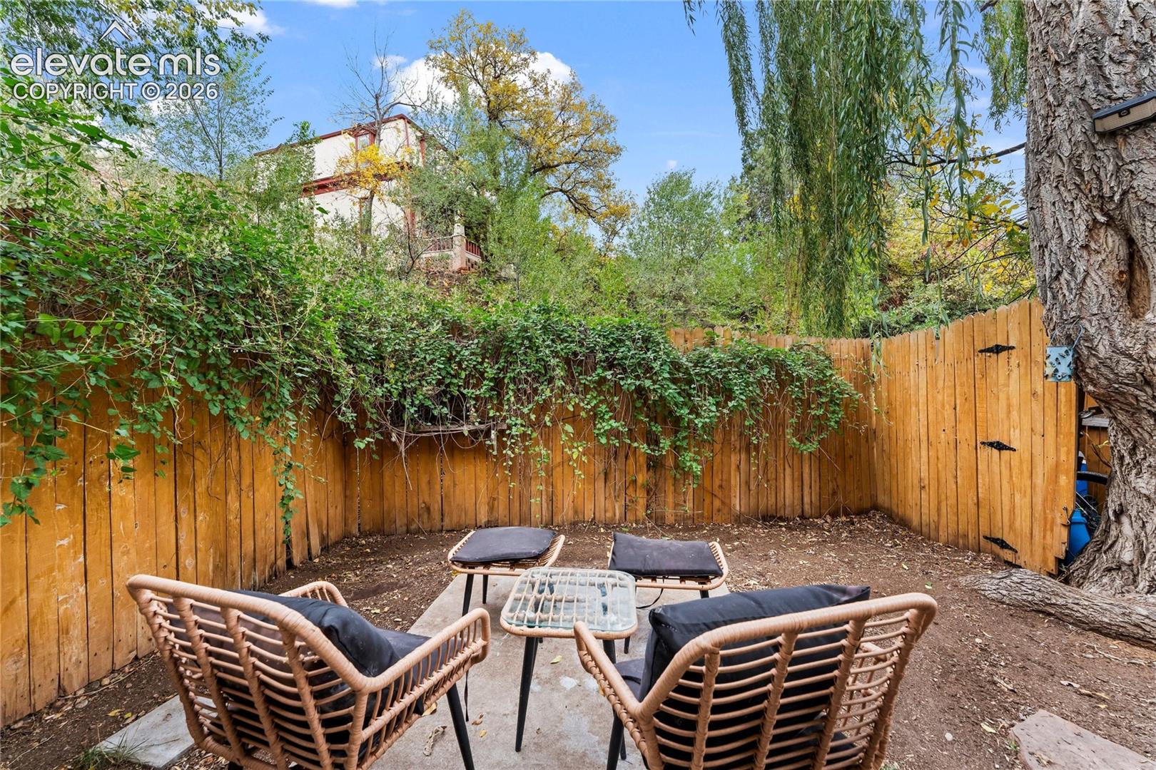 Private outdoor area featuring a concrete patio, wood-plank fencing, and established mature trees