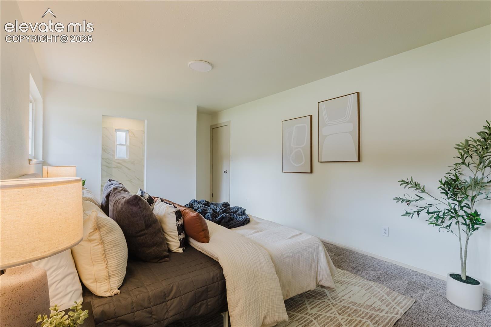 Carpeted bedroom with white walls, recessed ceiling lighting, and two windows providing natural light