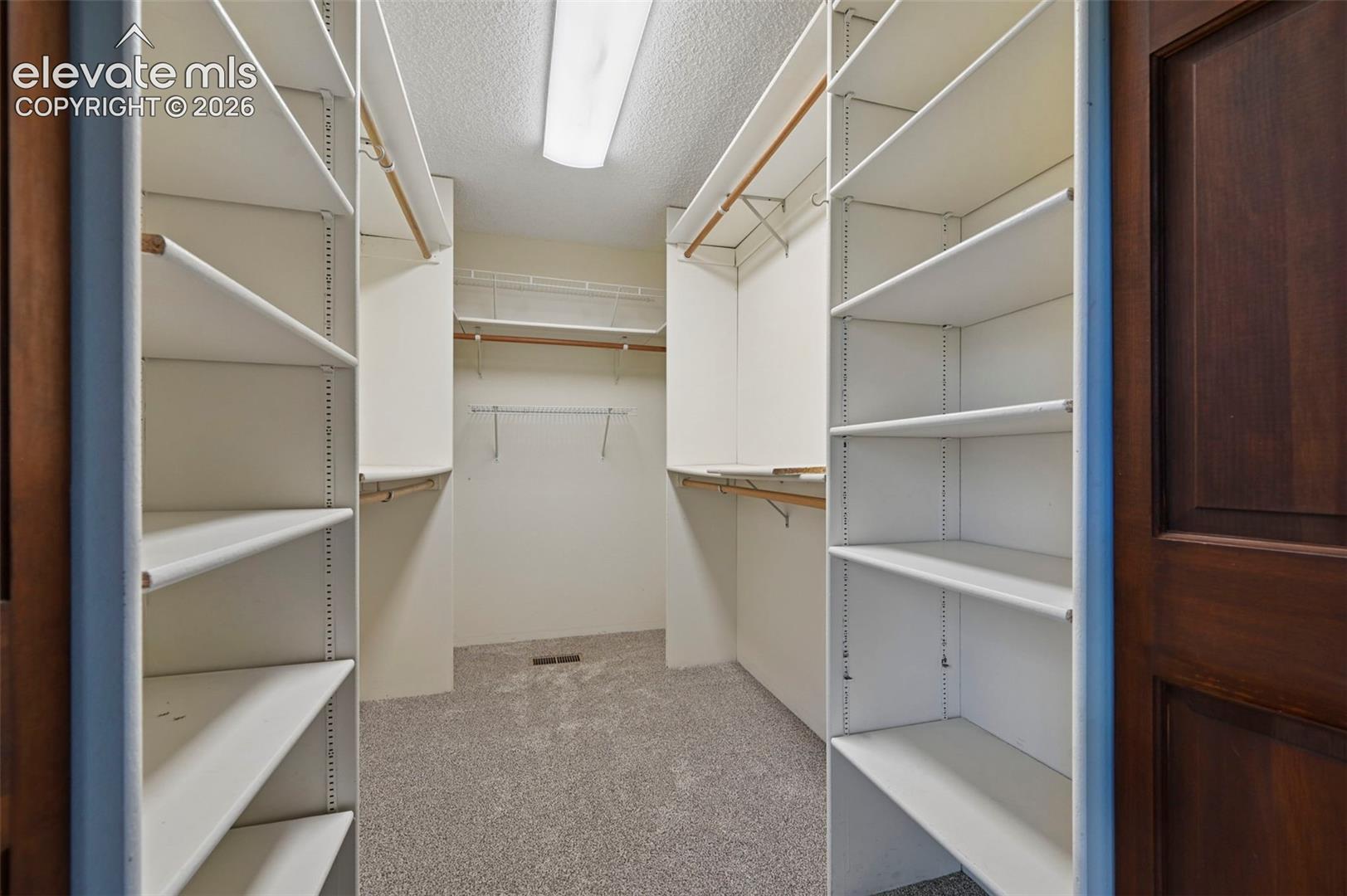 Walk-in closet featuring adjustable shelving, multiple hanging rods, and carpet flooring.