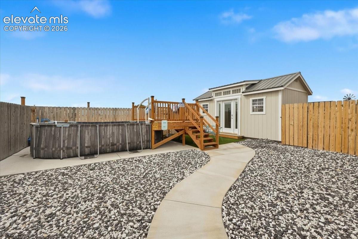 Pool with built around deck, newly built shed