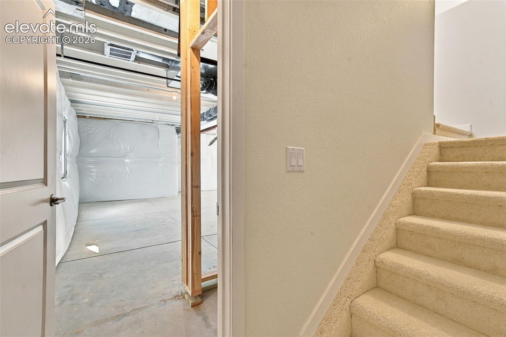 Carpeted staircase with light-toned wall finish