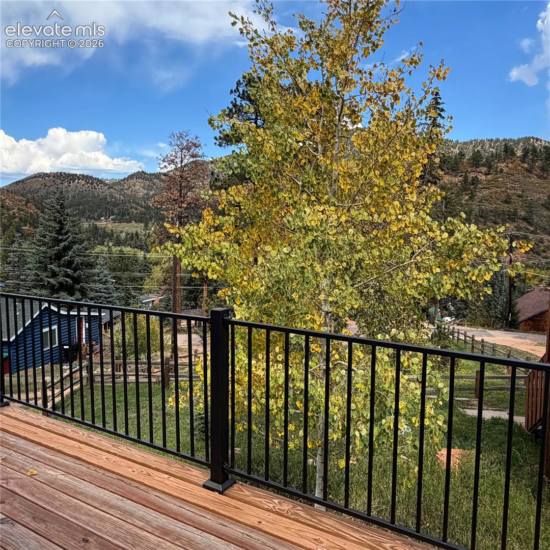 Deck with wood-finish flooring and black metal railing, framed by mature trees and mountain scenery