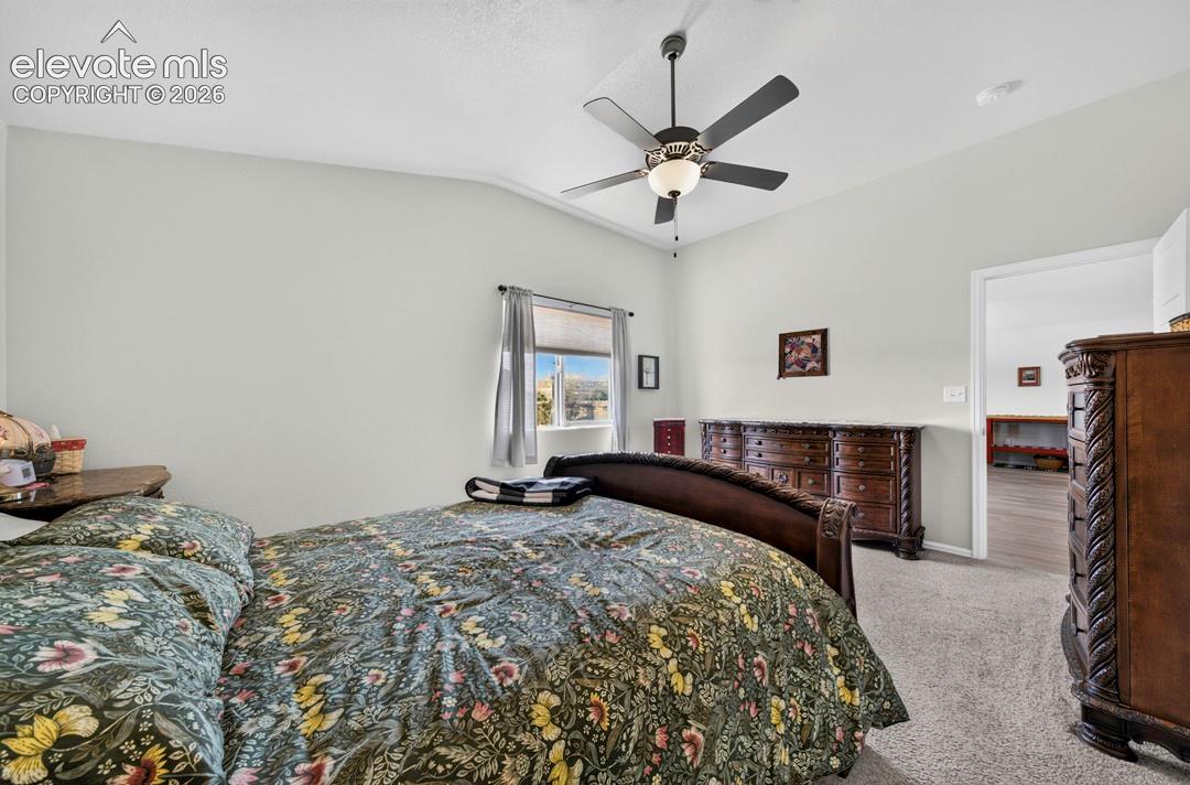 MB Carpeted bedroom featuring vaulted ceilings, a ceiling fan with integrated lighting, window with drapes, and an open doorway leading to a separate area with wood-finish flooring