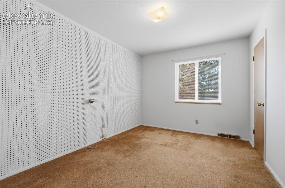 Room featuring a full-wall perforated pegboard, carpeted flooring, a single window, and a flush-mount ceiling light fixture