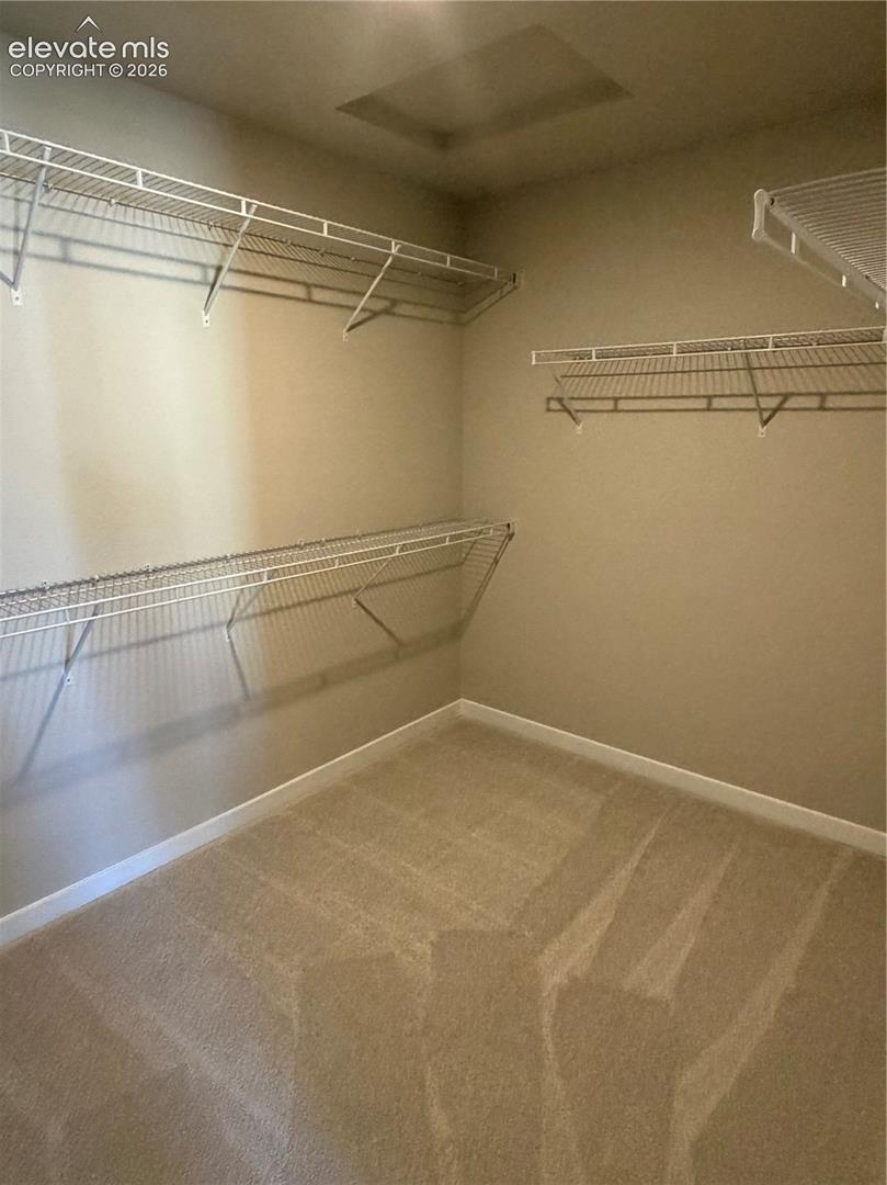 Walk-in storage space featuring neutral carpeting and tiered white wire shelving