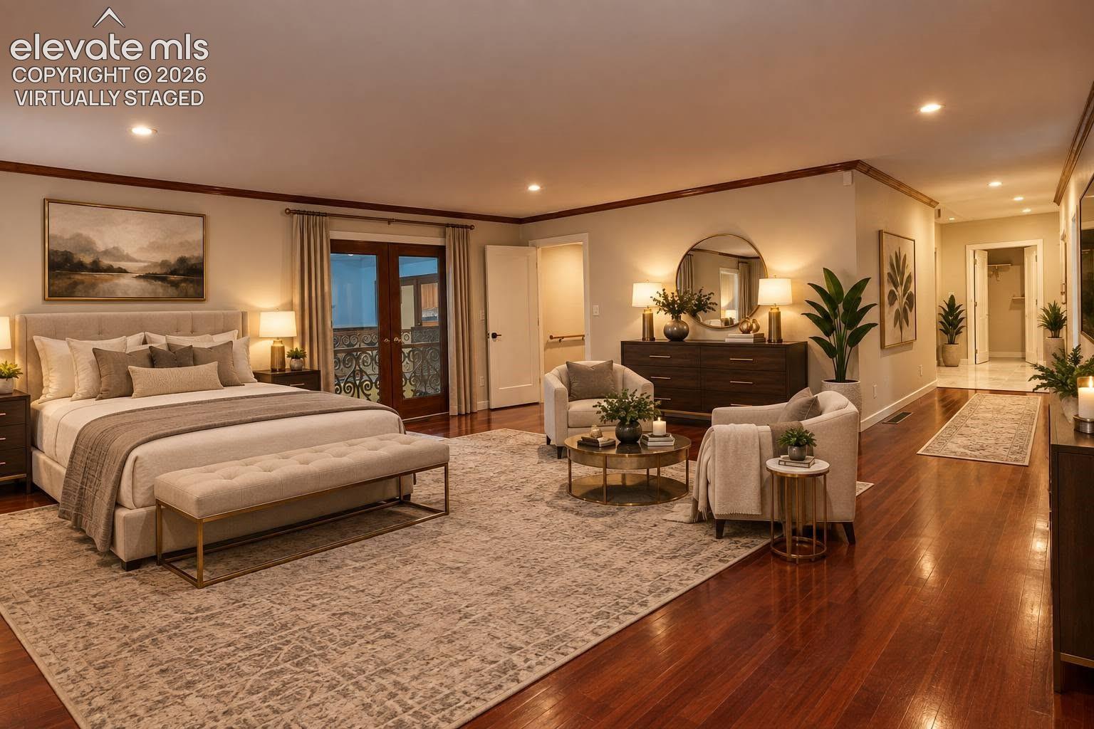 Spacious room featuring wood-finish flooring, recessed lighting, crown molding, and glass-paneled double doors opening to an exterior balcony virtually staged 