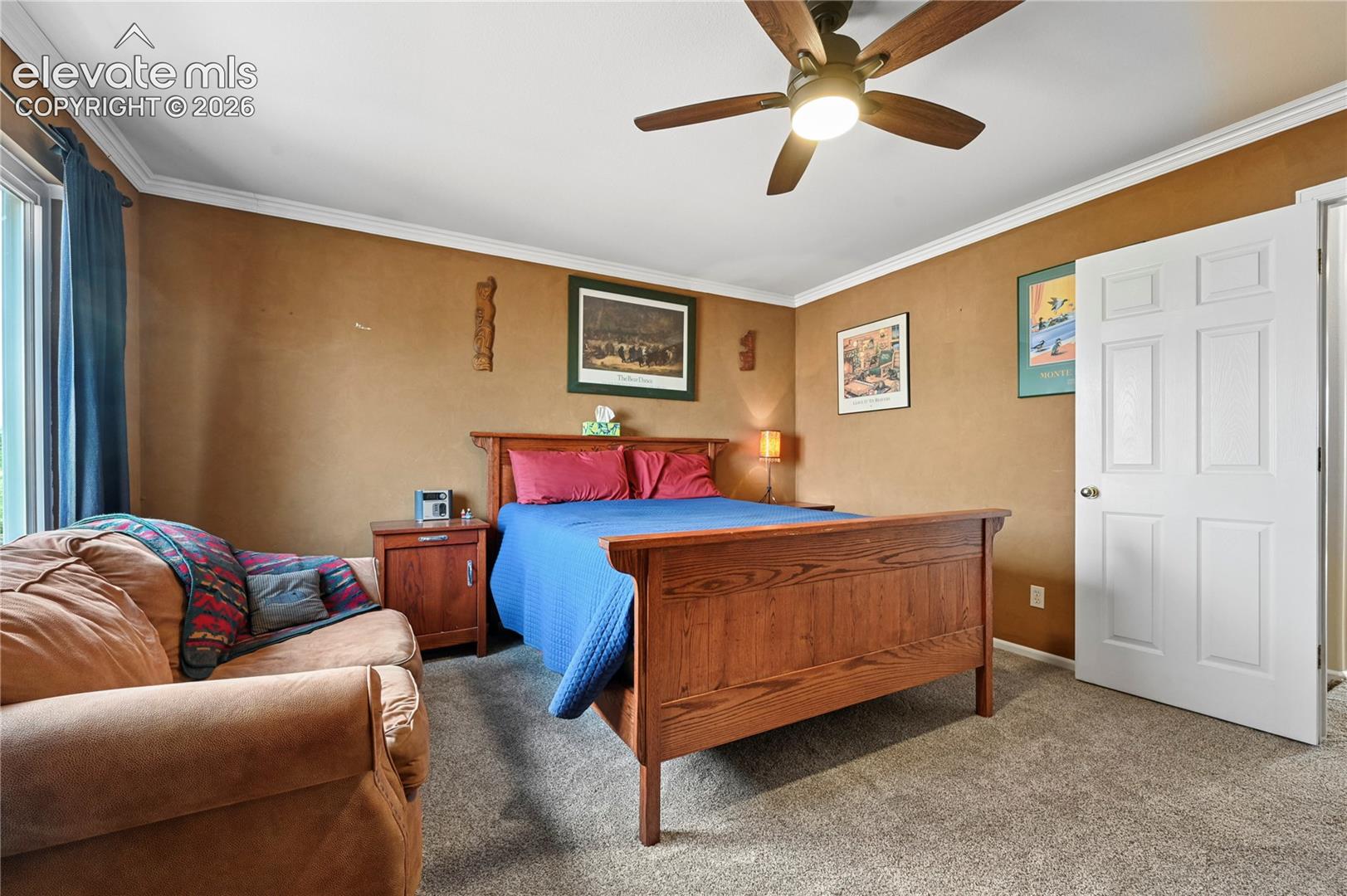 Primary bedroom suite upstairs with fresh carpeting