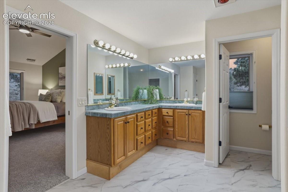 Double vanity with wood cabinetry, tile countertop, and dual sinks