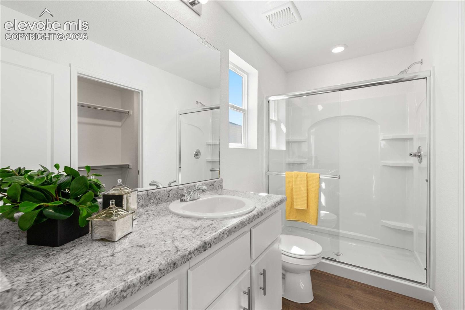 White vanity with a single basin, granite-style countertop, and chrome faucet
*photos  of a model home*