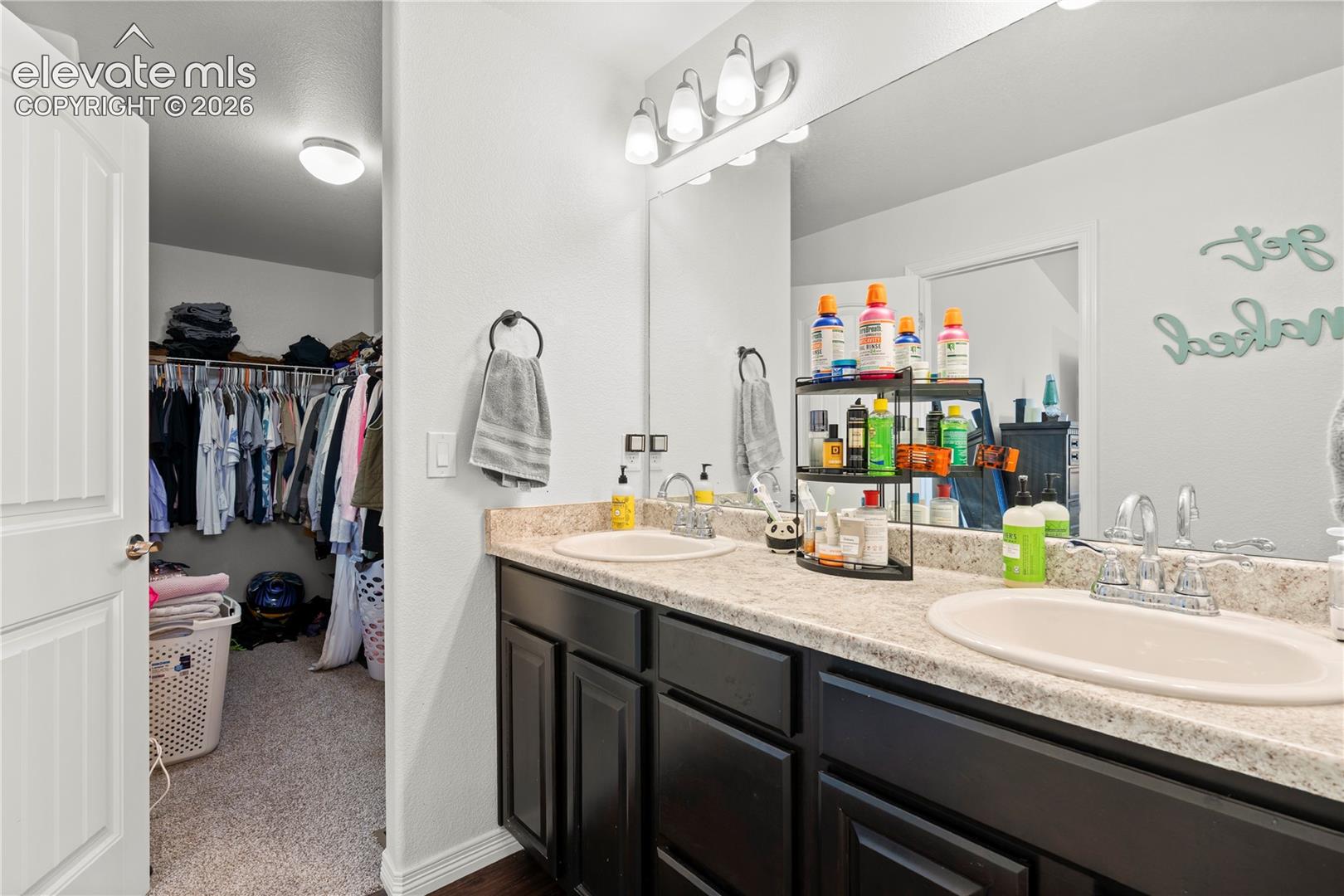 Bathroom featuring a dual-sink vanity with dark cabinetry, stone-finish countertops, wall-to-wall vanity mirror, and three-bulb overhead lighting, with an entry to a walk-in closet