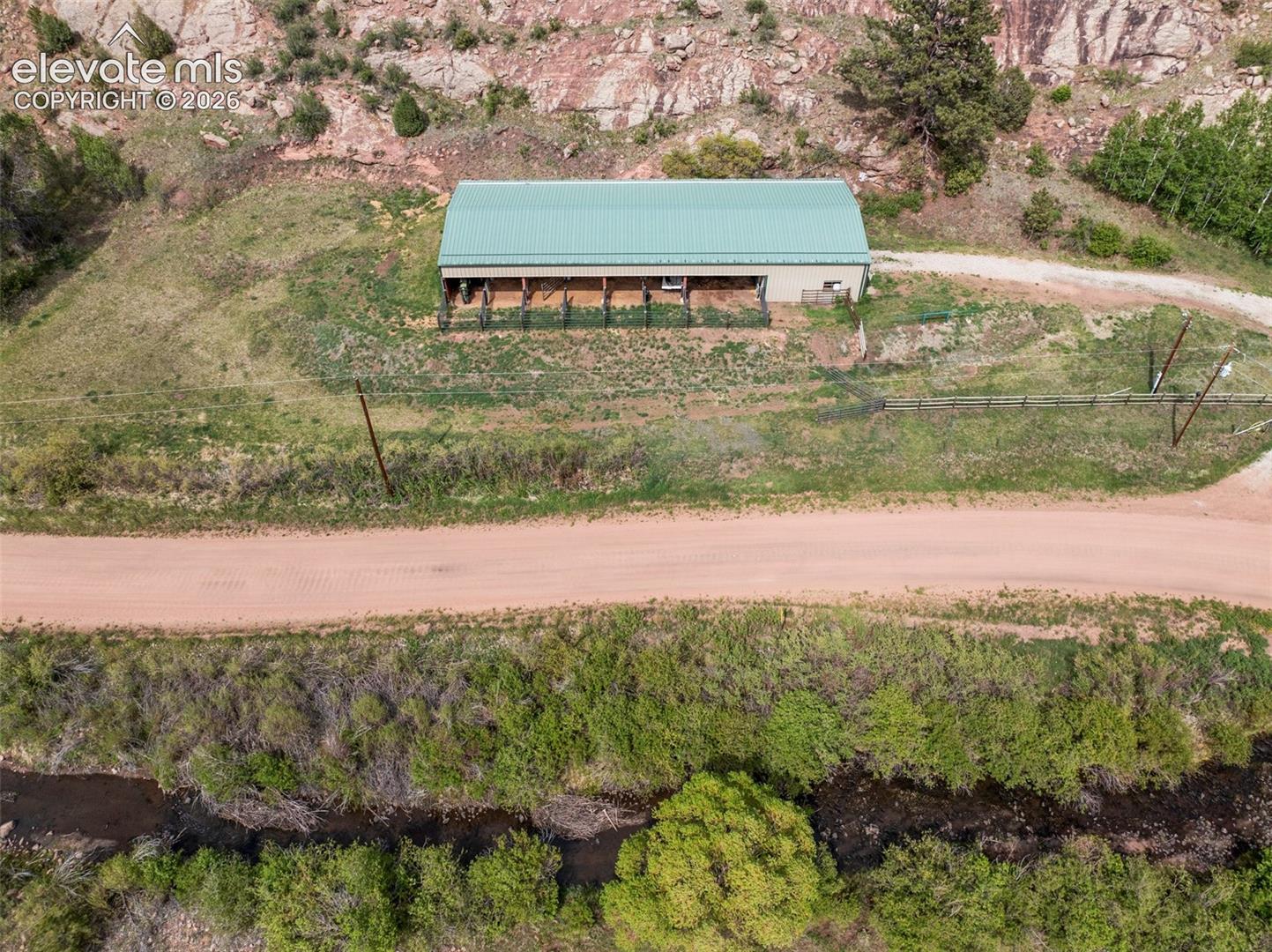 Ariel view of the barn and stream.