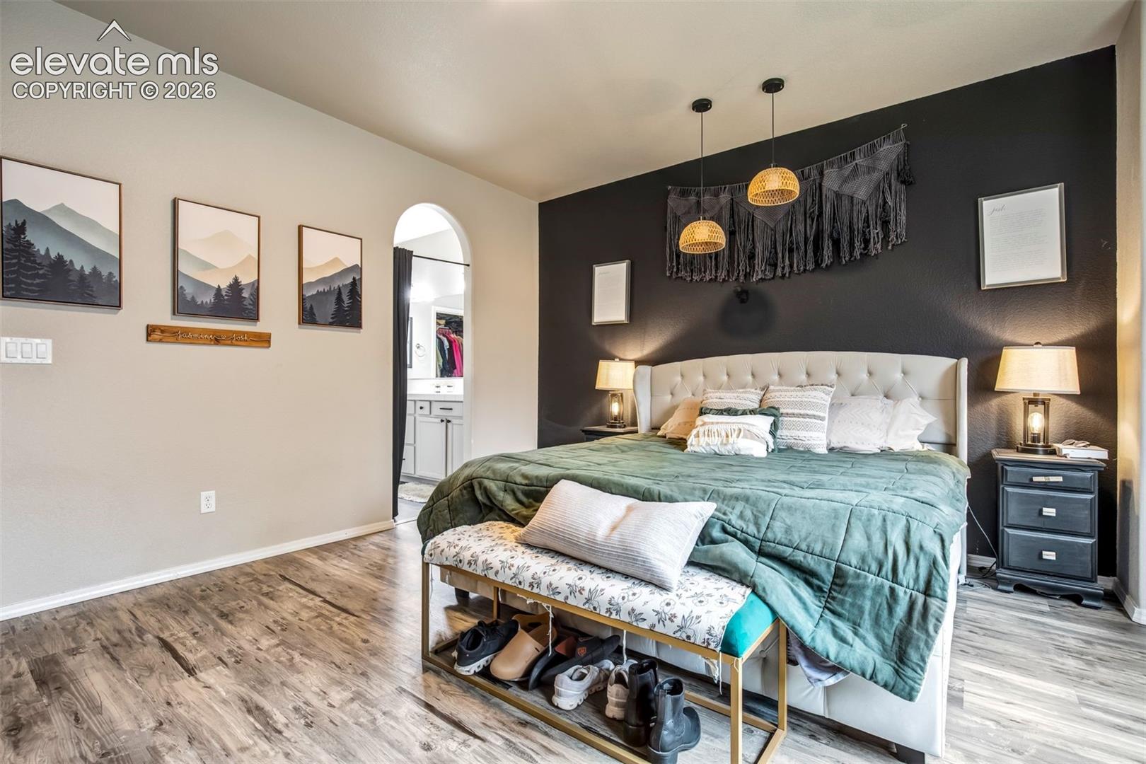 Large primary bedroom with arched entrance to the attached bathroom