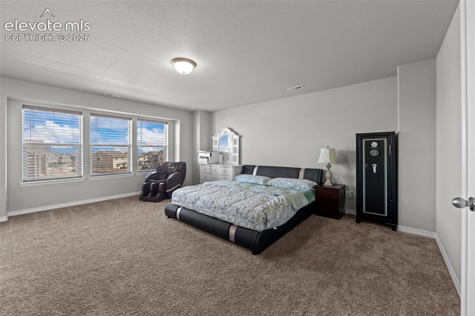 Carpeted room featuring a ceiling-mounted light fixture, three windows with blinds, and white trim