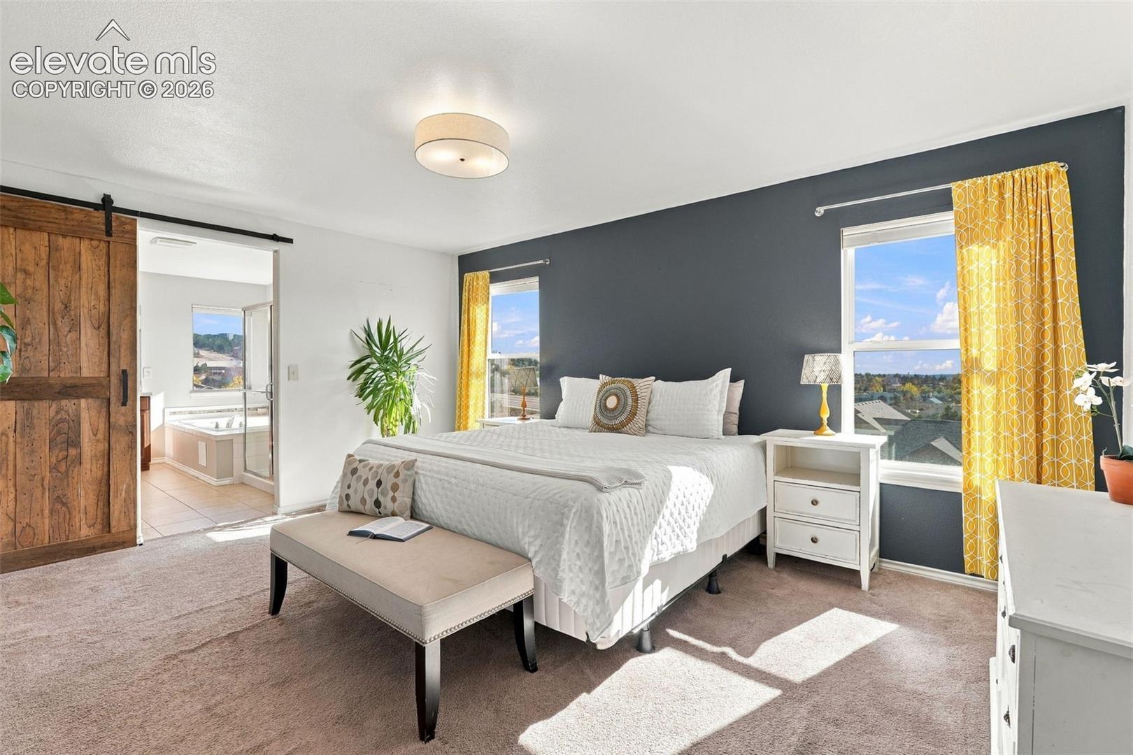 Bedroom featuring a sliding wood-finish barn door, dual windows, neutral carpeting, and a dark accent wall