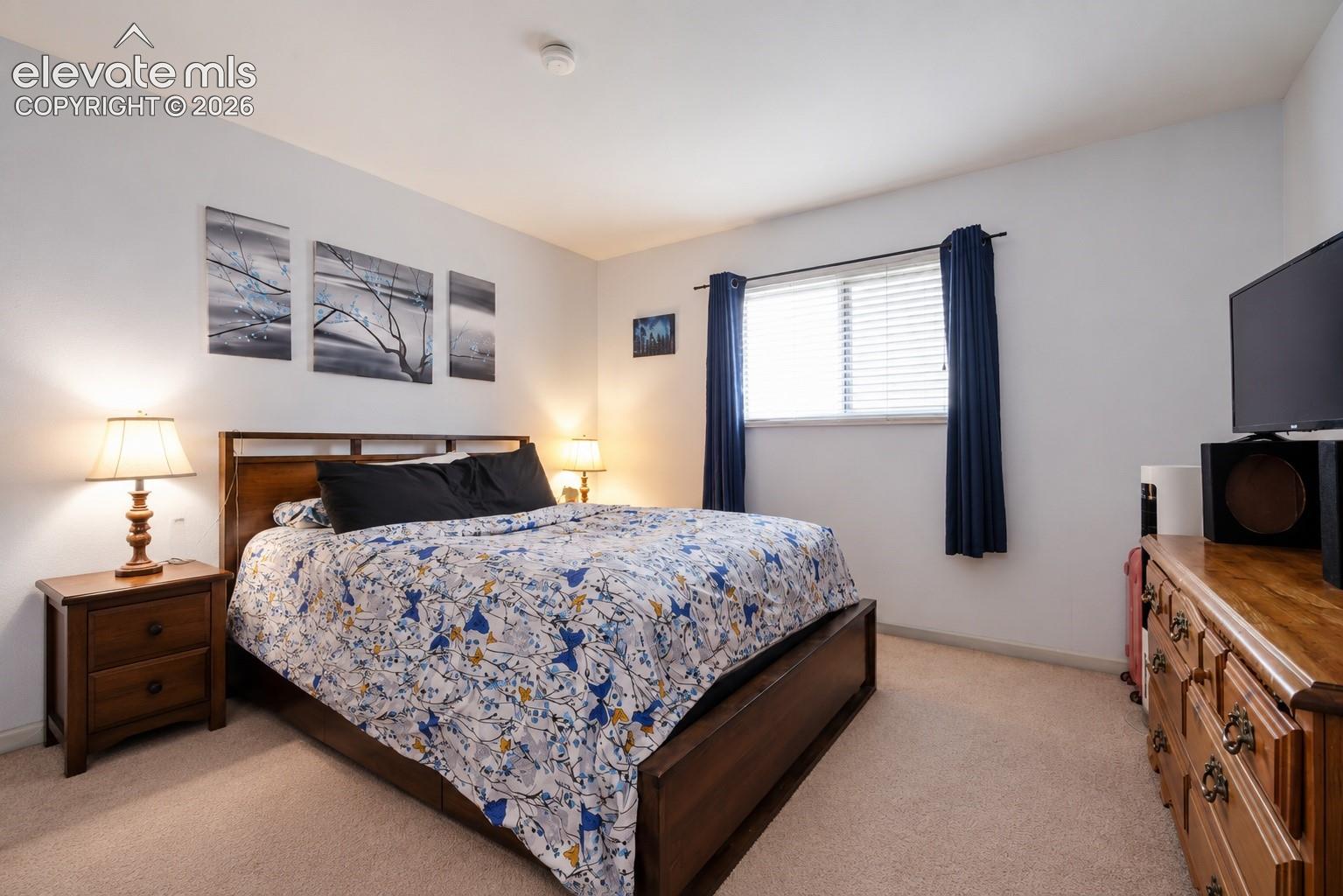 Carpeted room featuring light-colored walls and a window with horizontal blinds