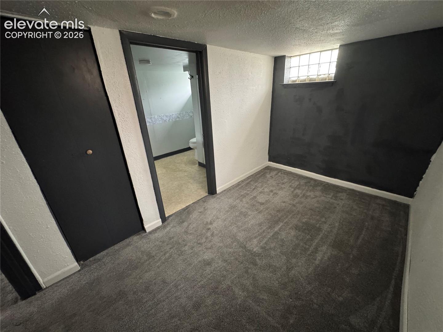 Carpeted interior space featuring a glass block window, solid-core interior door, and textured wall finish