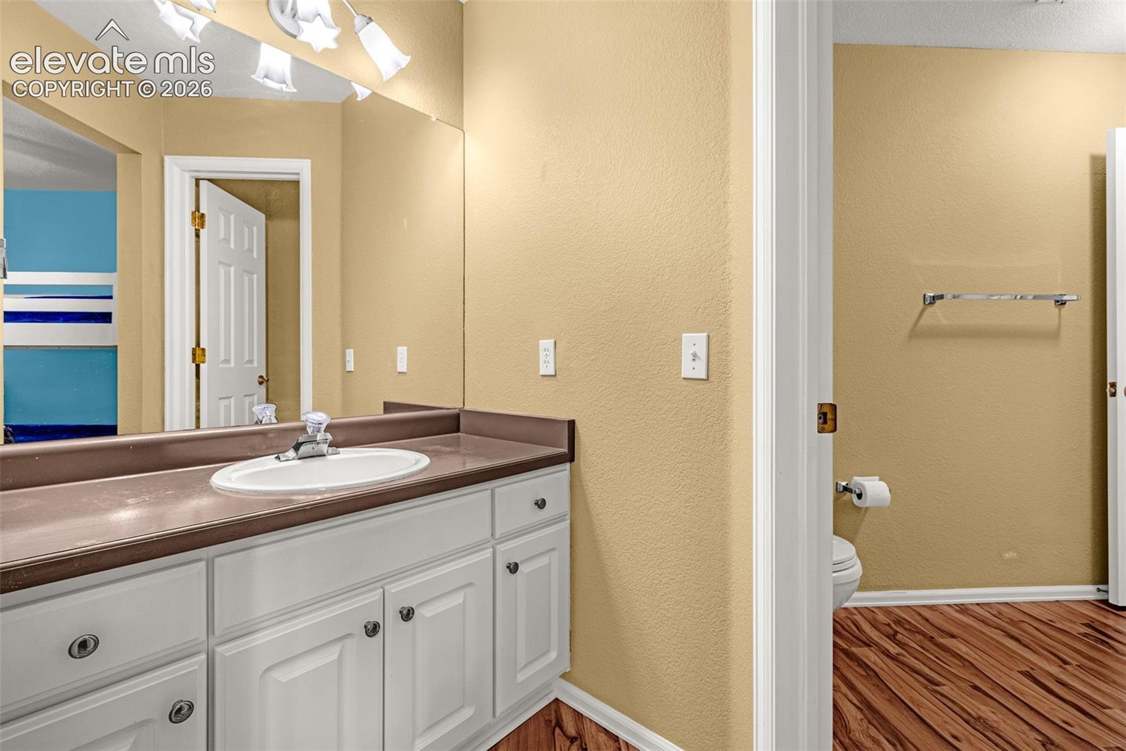 White vanity cabinetry with circular hardware, a contrasting countertop, and an integrated oval sink