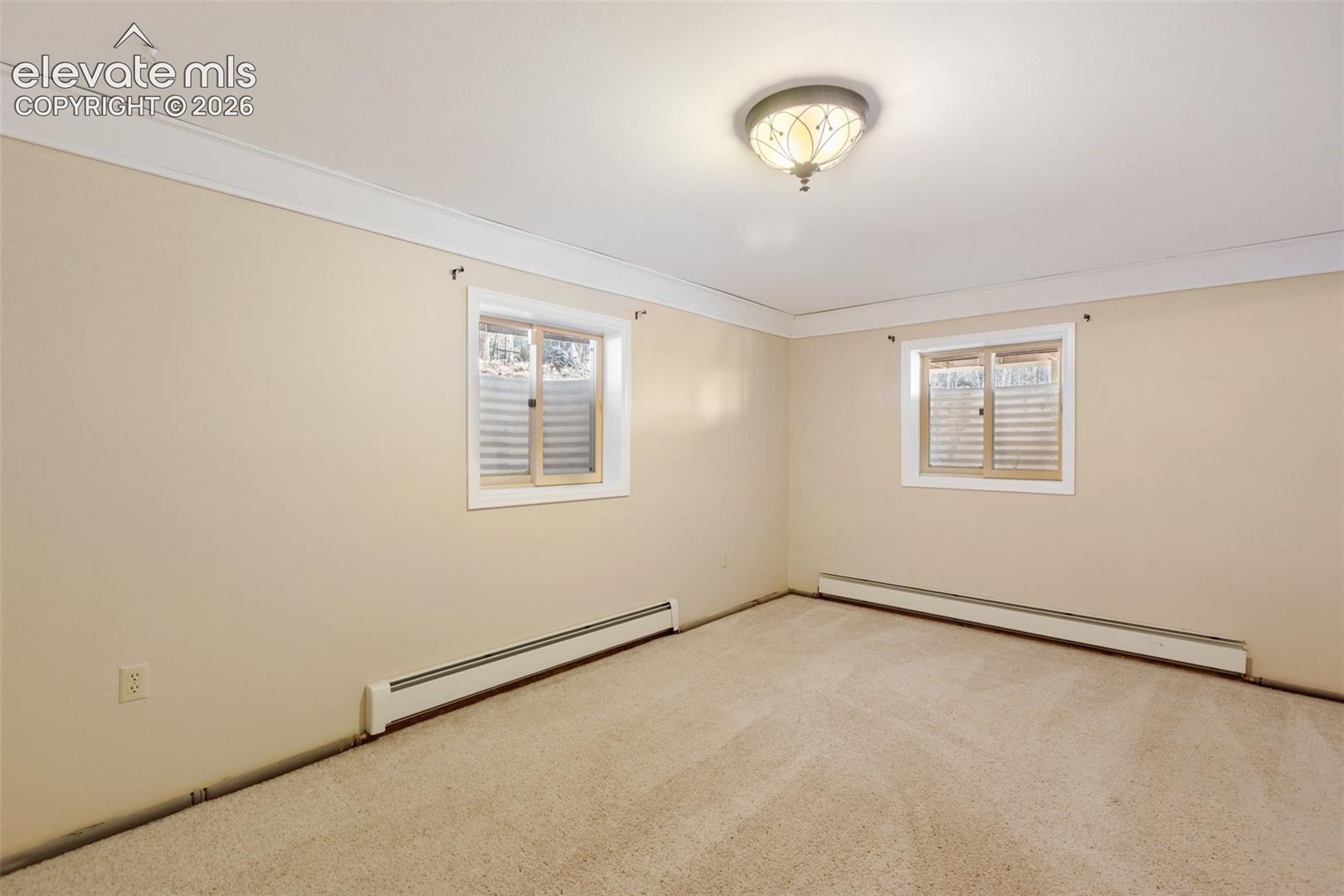 Neutral-toned carpeting, two windows with blinds, a ceiling-mounted light fixture, and crown molding