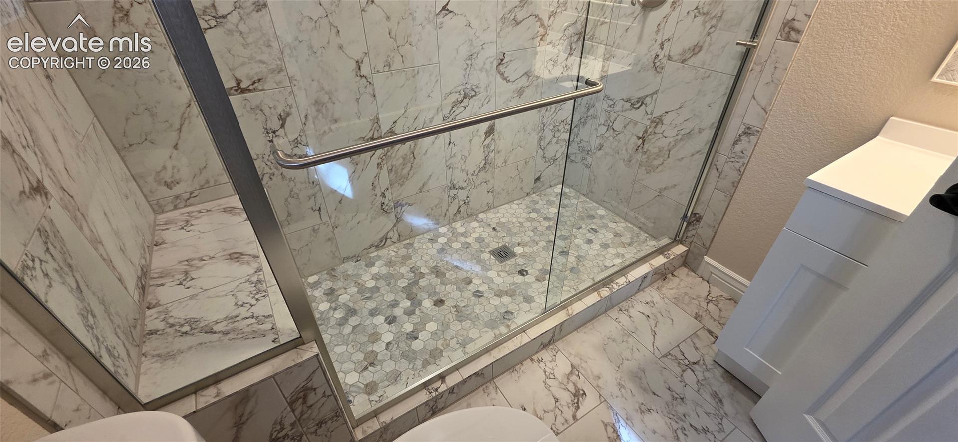 Glass-enclosed shower with a hexagon mosaic tile floor and large format wall tiles