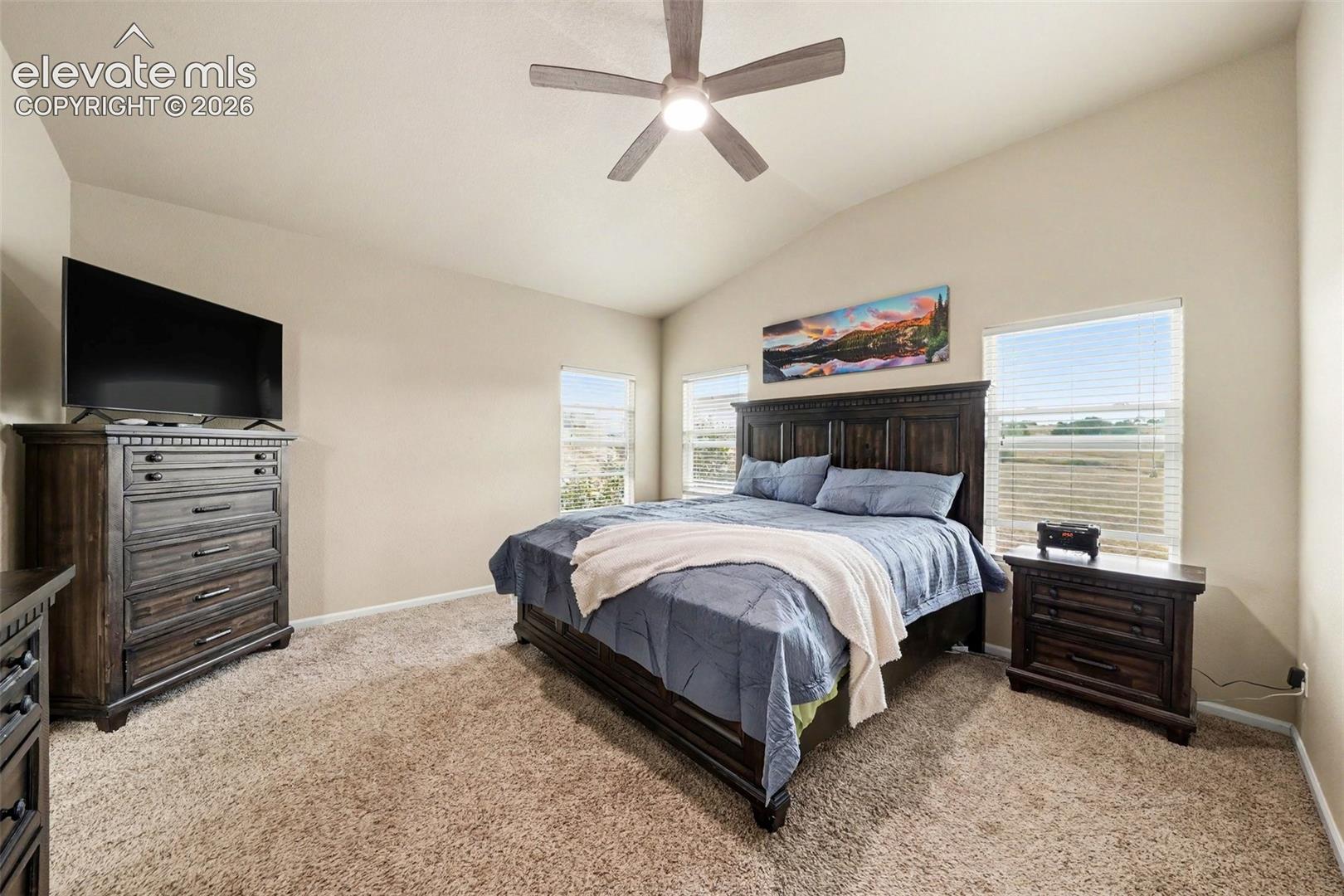 Primary bedroom featuring a vaulted ceiling