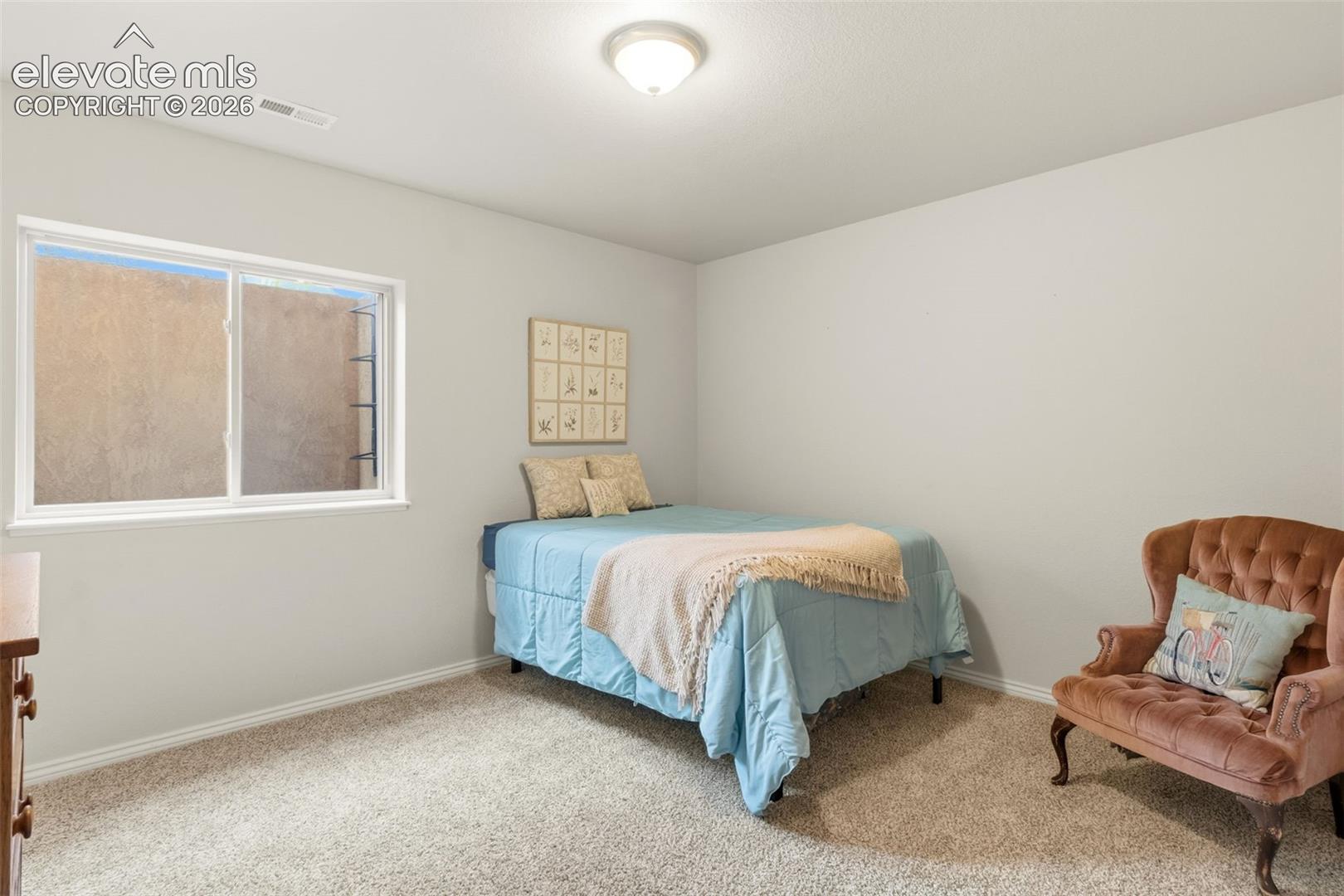 Carpeted room featuring light gray wall paint, a white-framed window, and a ceiling-mounted light fixture