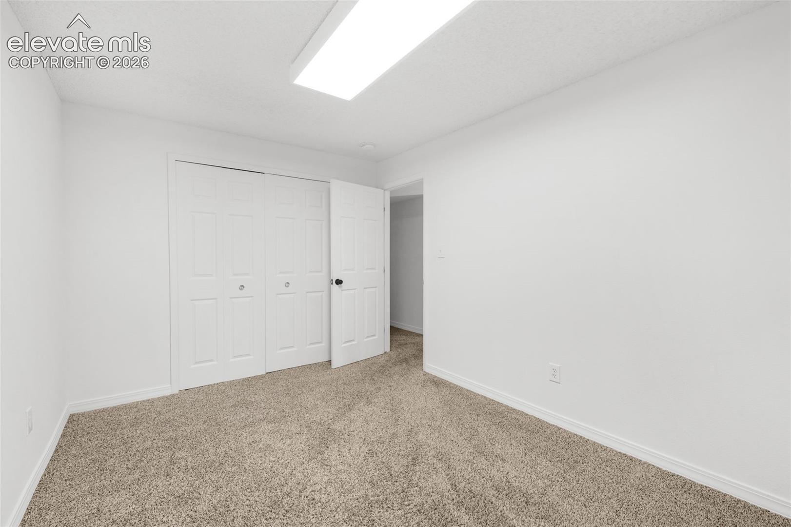 Neutral-toned carpeting with white trim, white walls, and a white ceiling